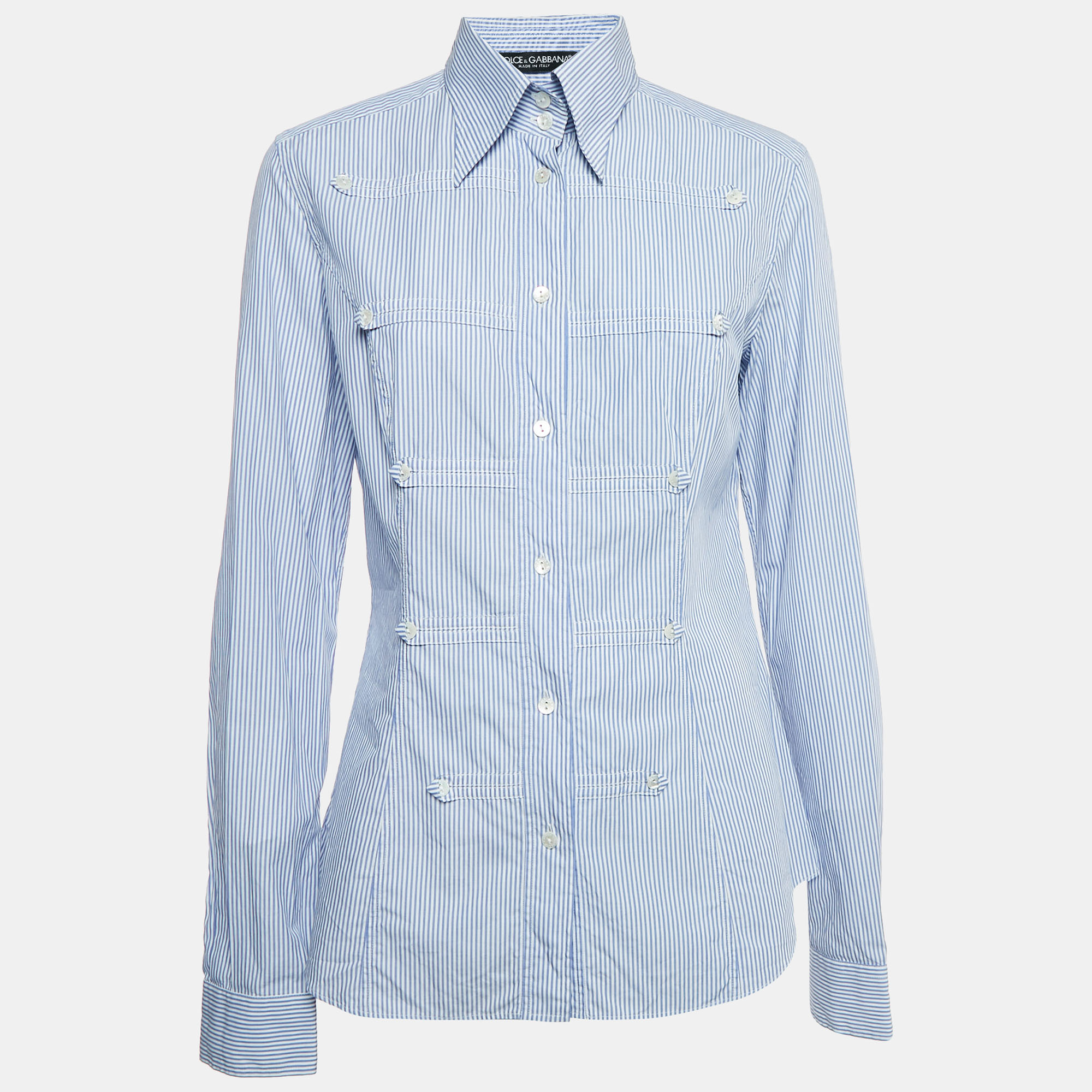 

Dolce & Gabbana Blue Pinstripe Cotton Button Front Shirt M