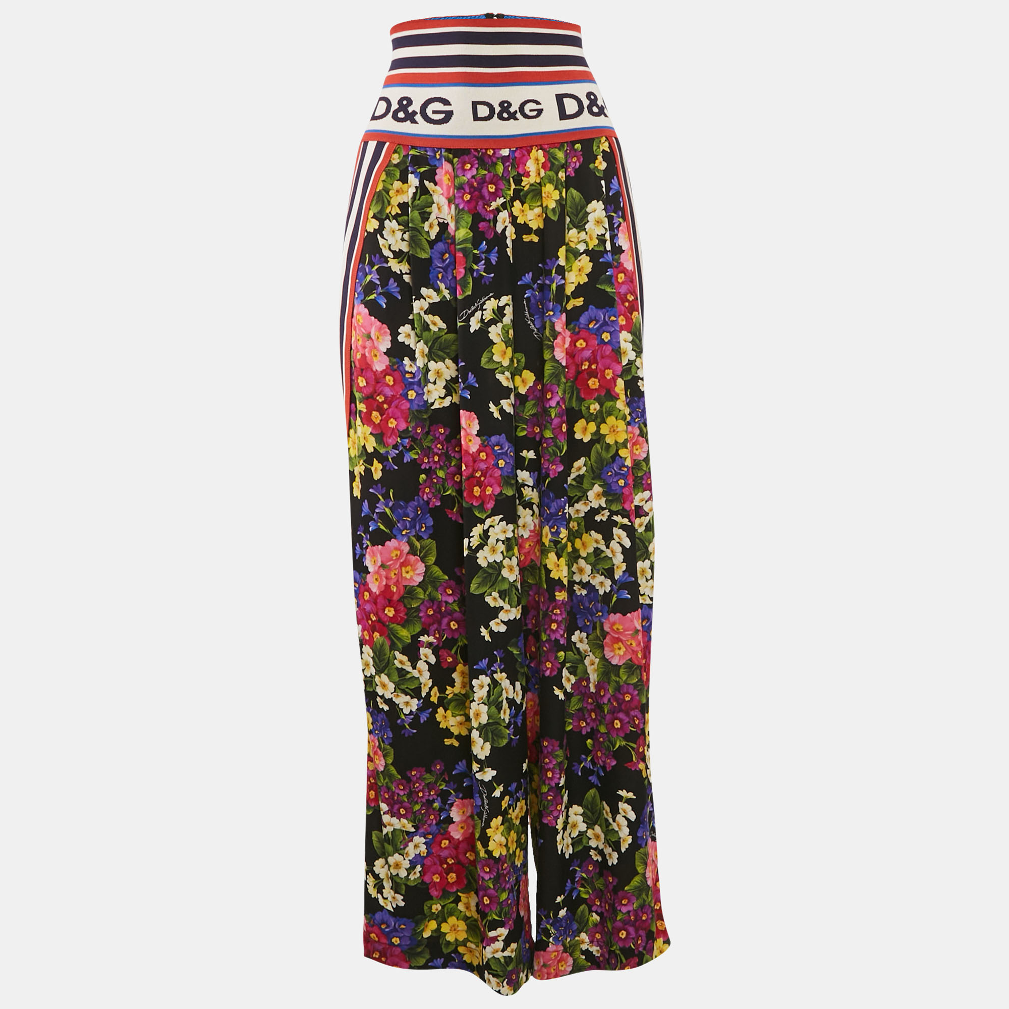 Pre-owned Dolce & Gabbana Black Floral Print Silk High Waist Pants L