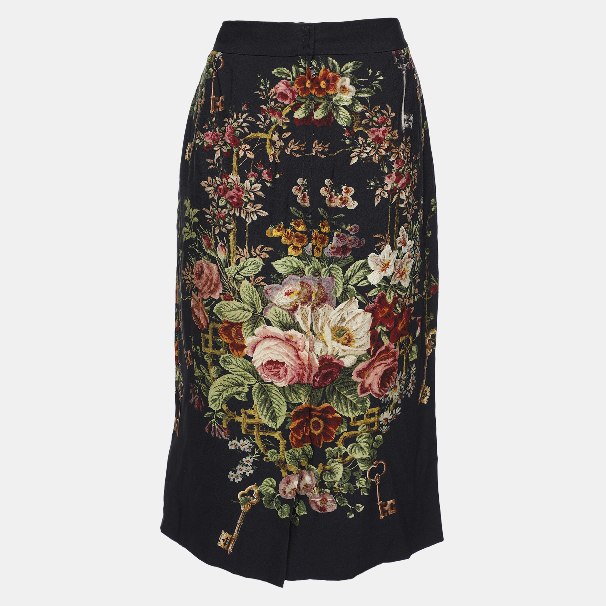 Dolce & Gabbana Dark Grey Floral Print Crepe Sheath Skirt L 