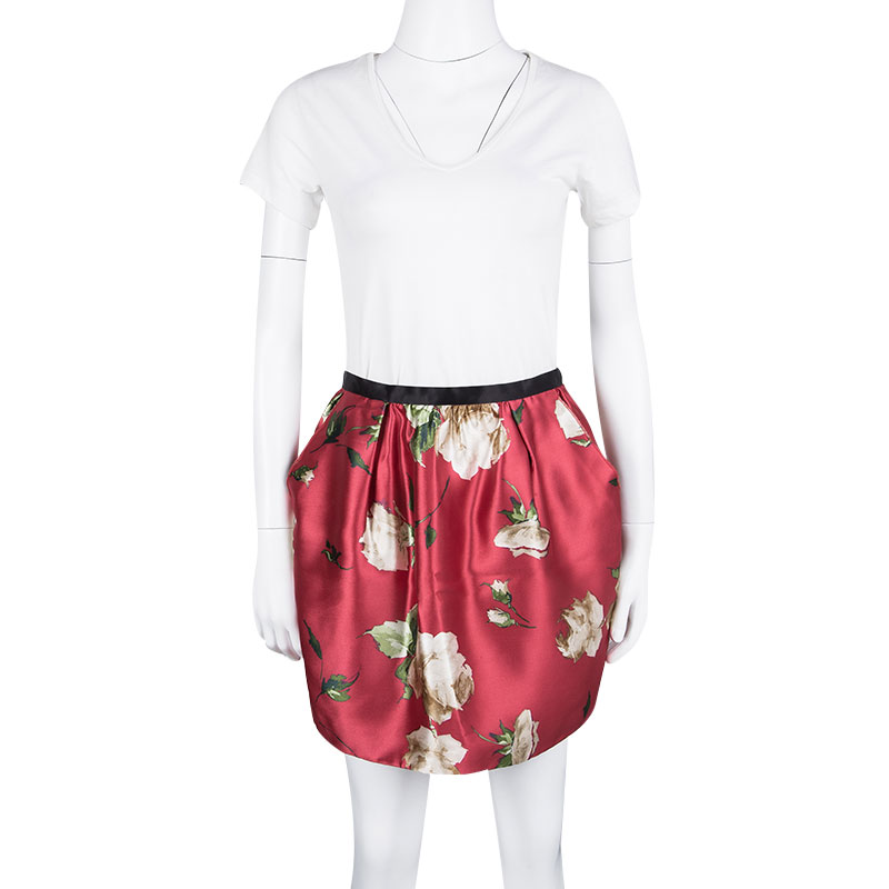 

Dolce and Gabbana Red Floral Printed Silk Mini Skirt