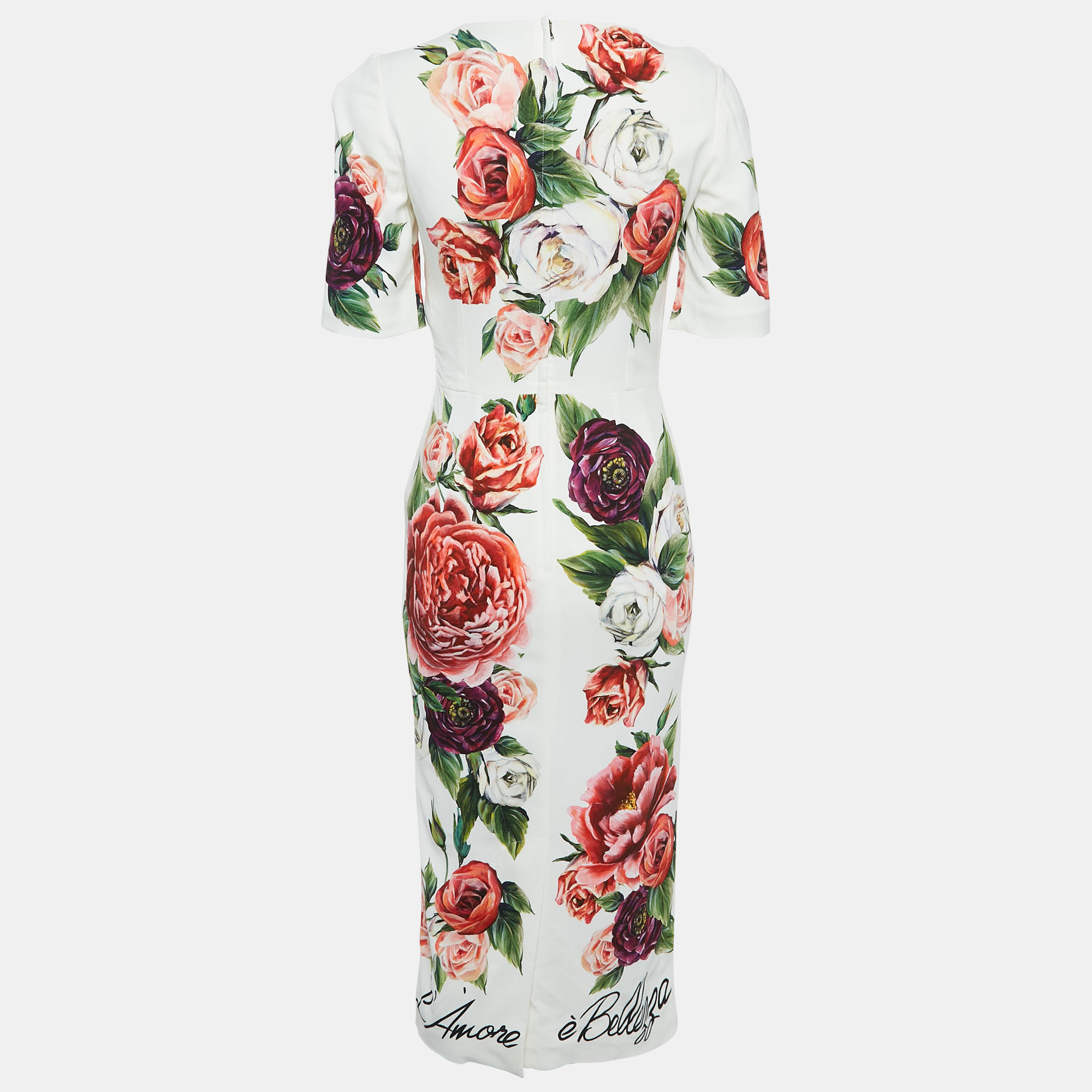 Dolce & Gabbana Multicolor Floral Print Crepe Brooch Detail Midi Dress S 