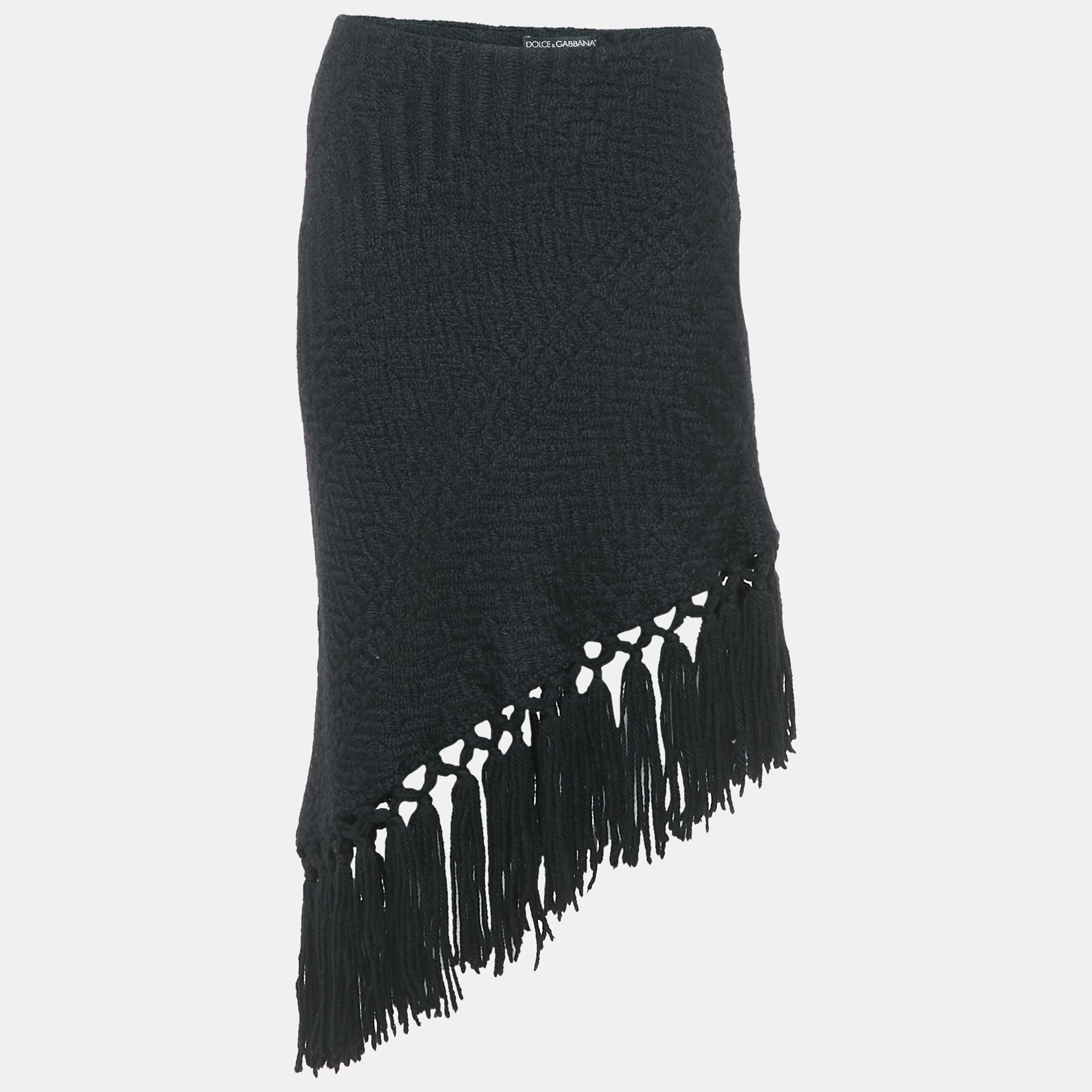 

Dolce & Gabbana Black Patterned Wool Fringe Detail Asymmetric Skirt S