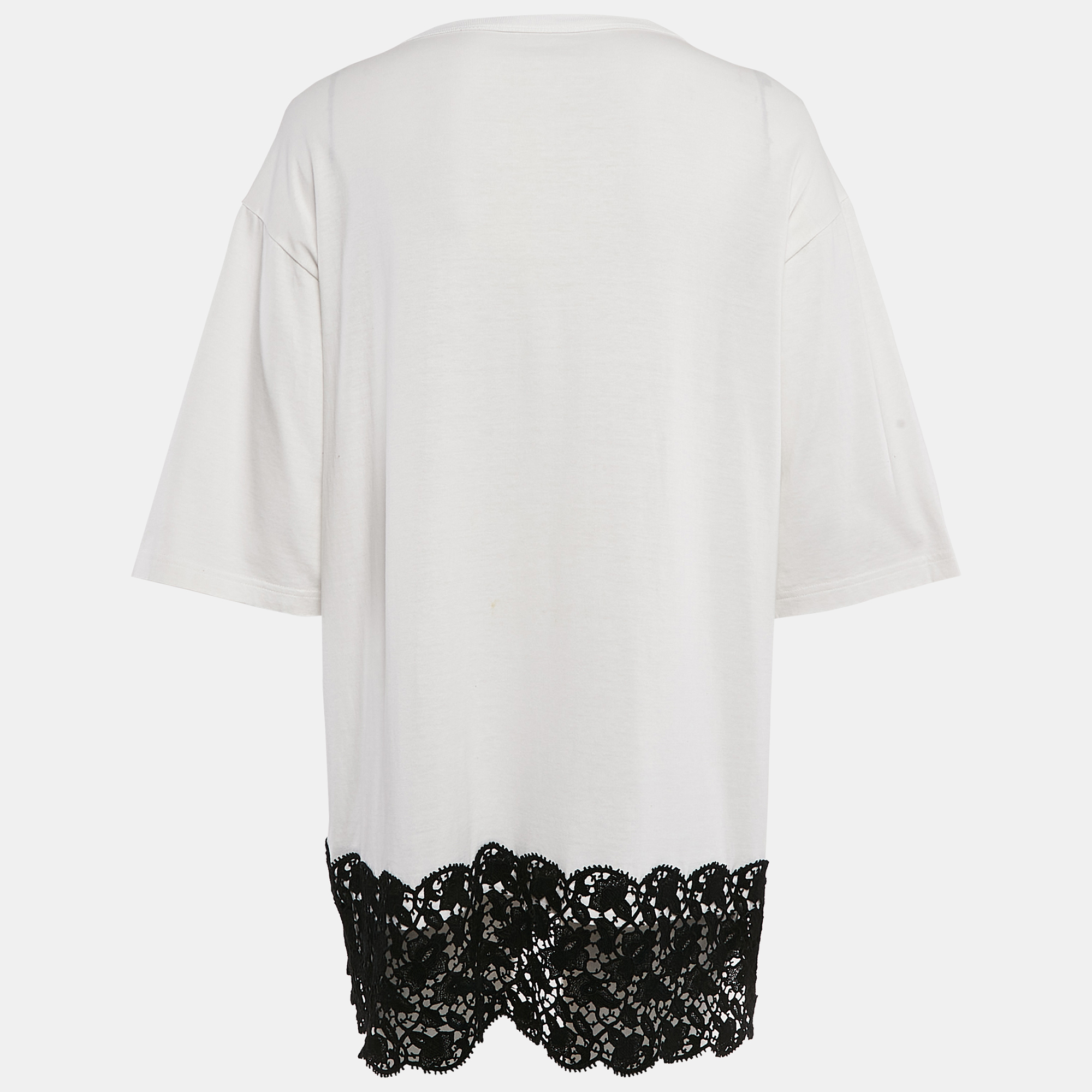 Dolce & Gabbana White Embellished Cotton Lace Overlay Oversized T-Shirt S 
