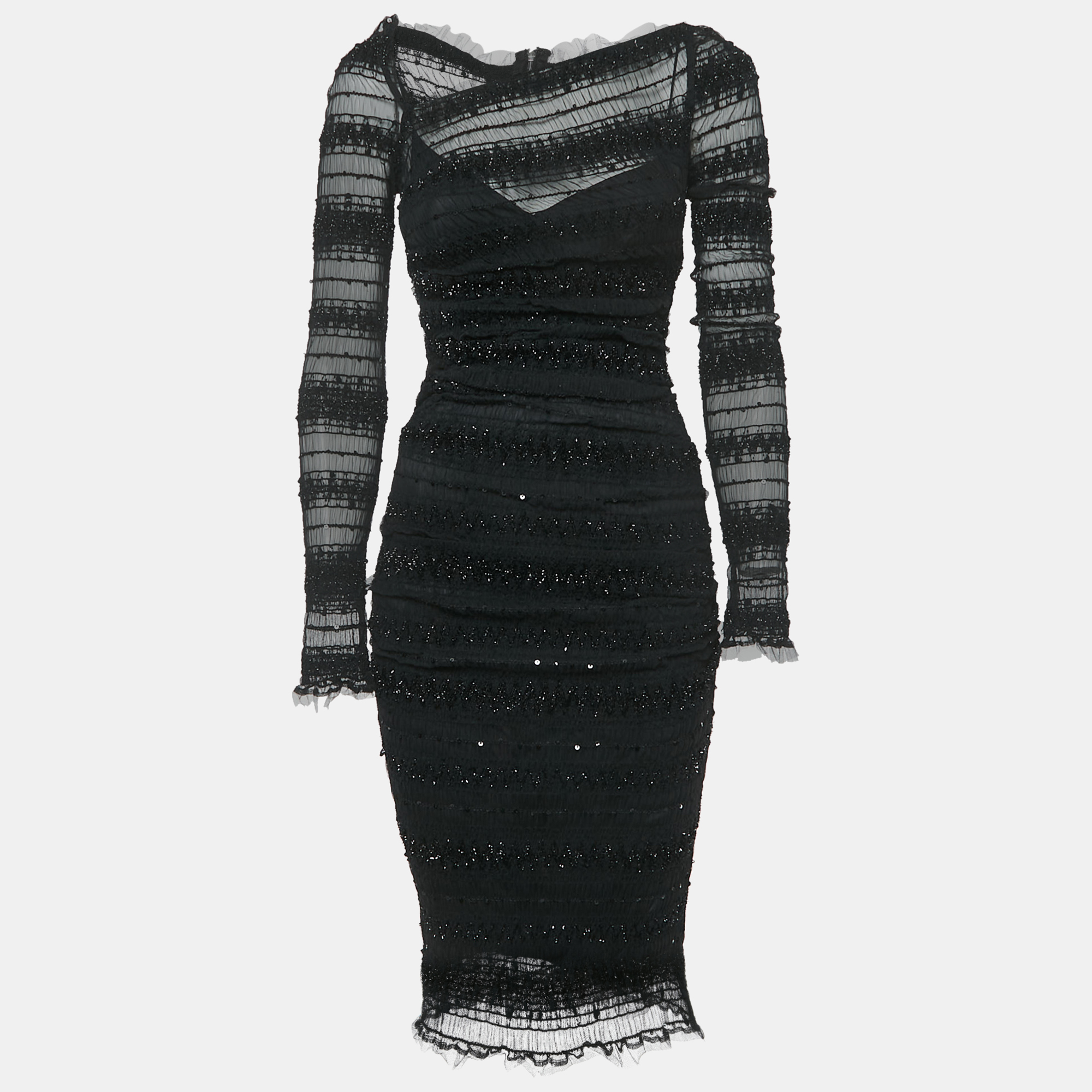 

Dolce & Gabbana Black Sequin Tulle Ruched Midi Dress M