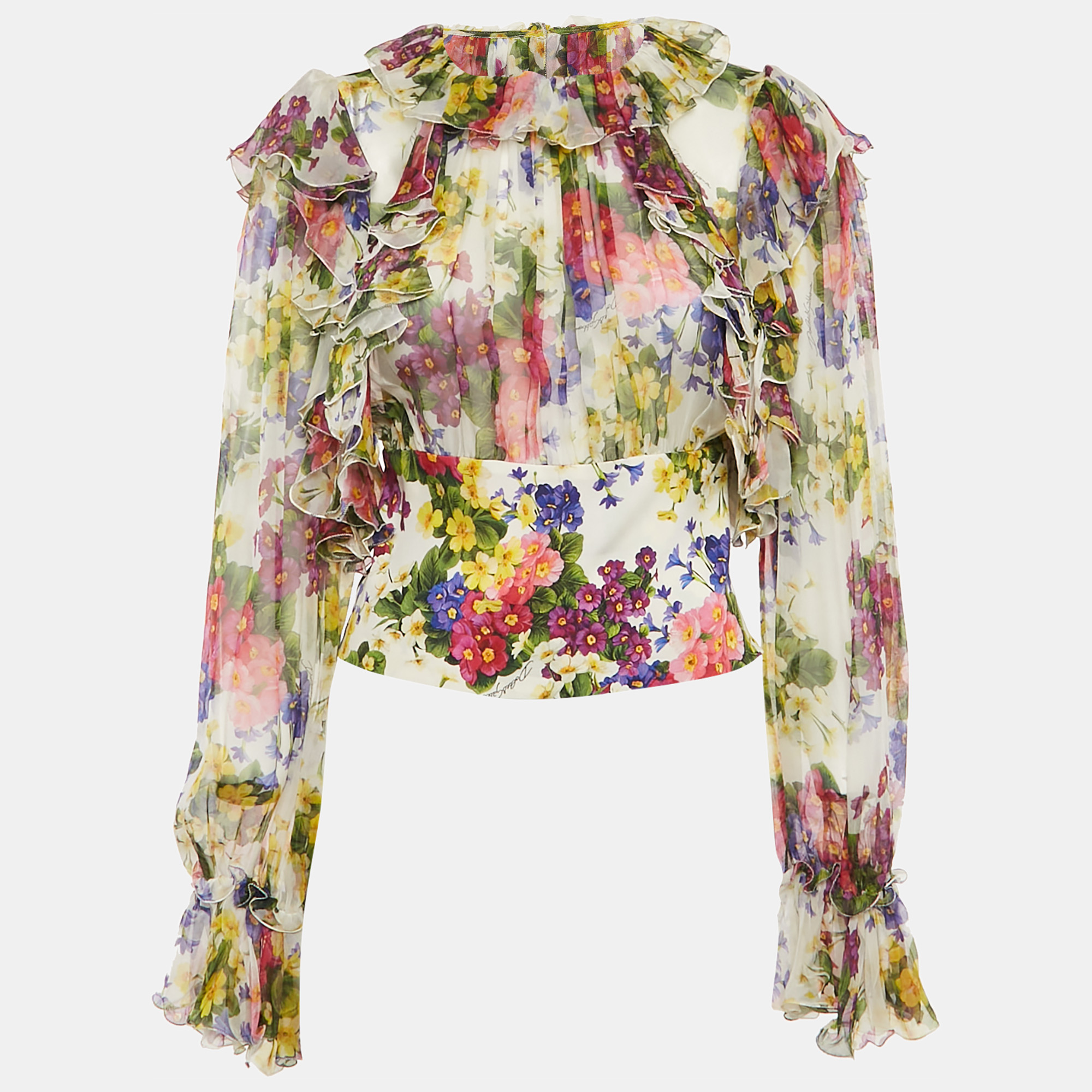 

Dolce & Gabbana White Floral Print Silk Ruffled Top S