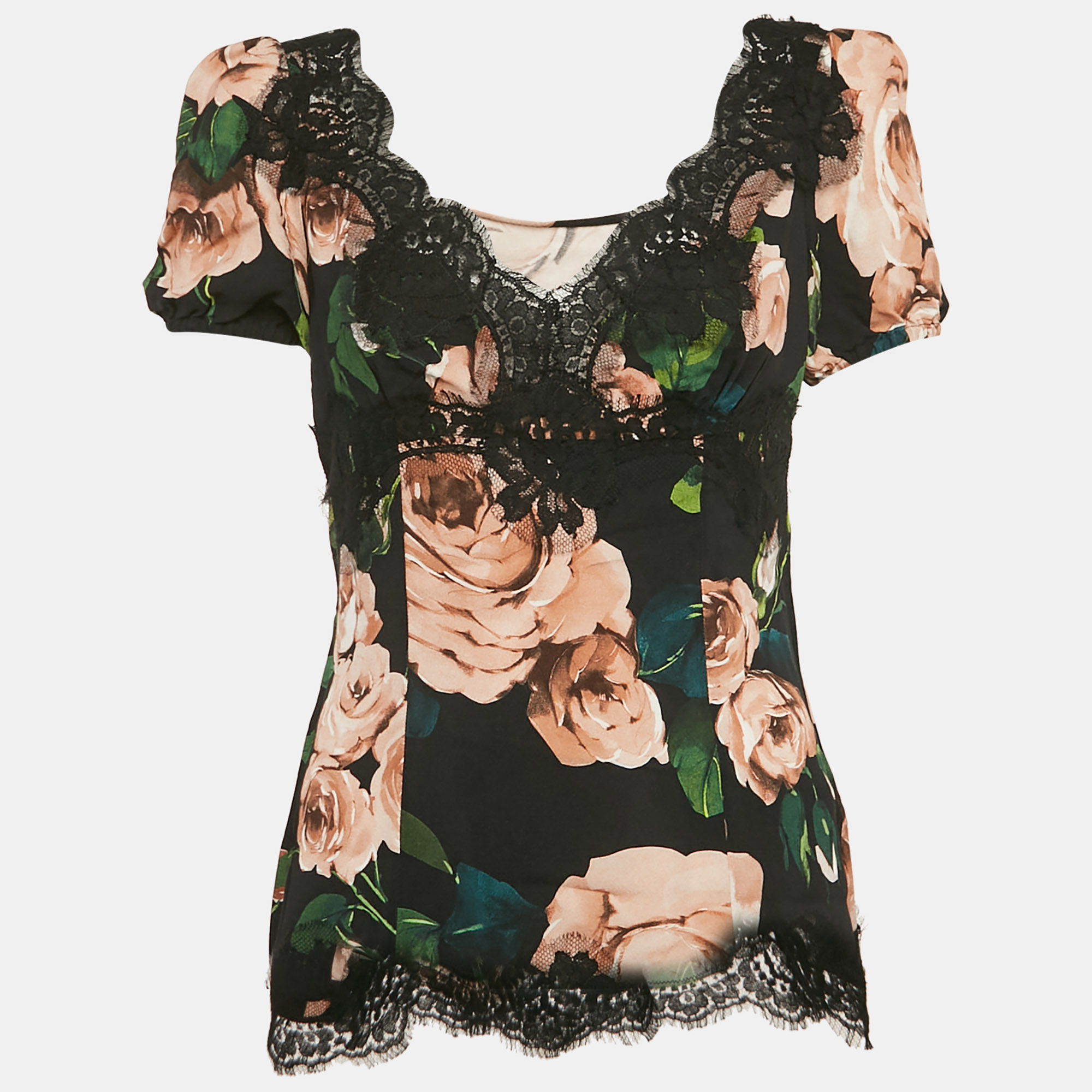 

Dolce & Gabbana Black Rose Print Lace Trim Crepe Top M