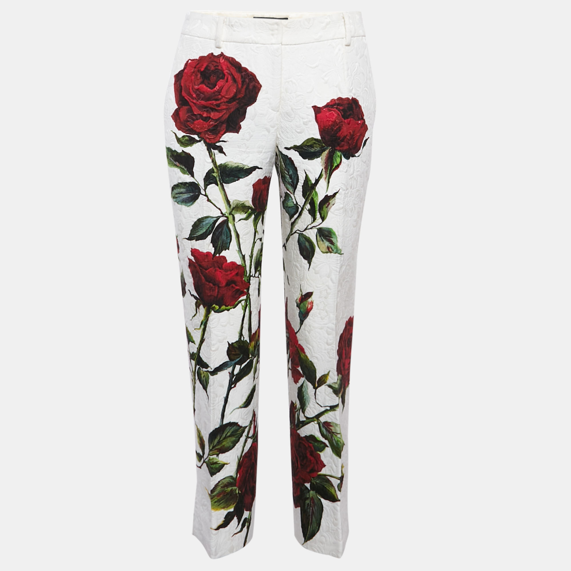 

Dolce & Gabbana White/Red Rose Print Jacquard Trousers S