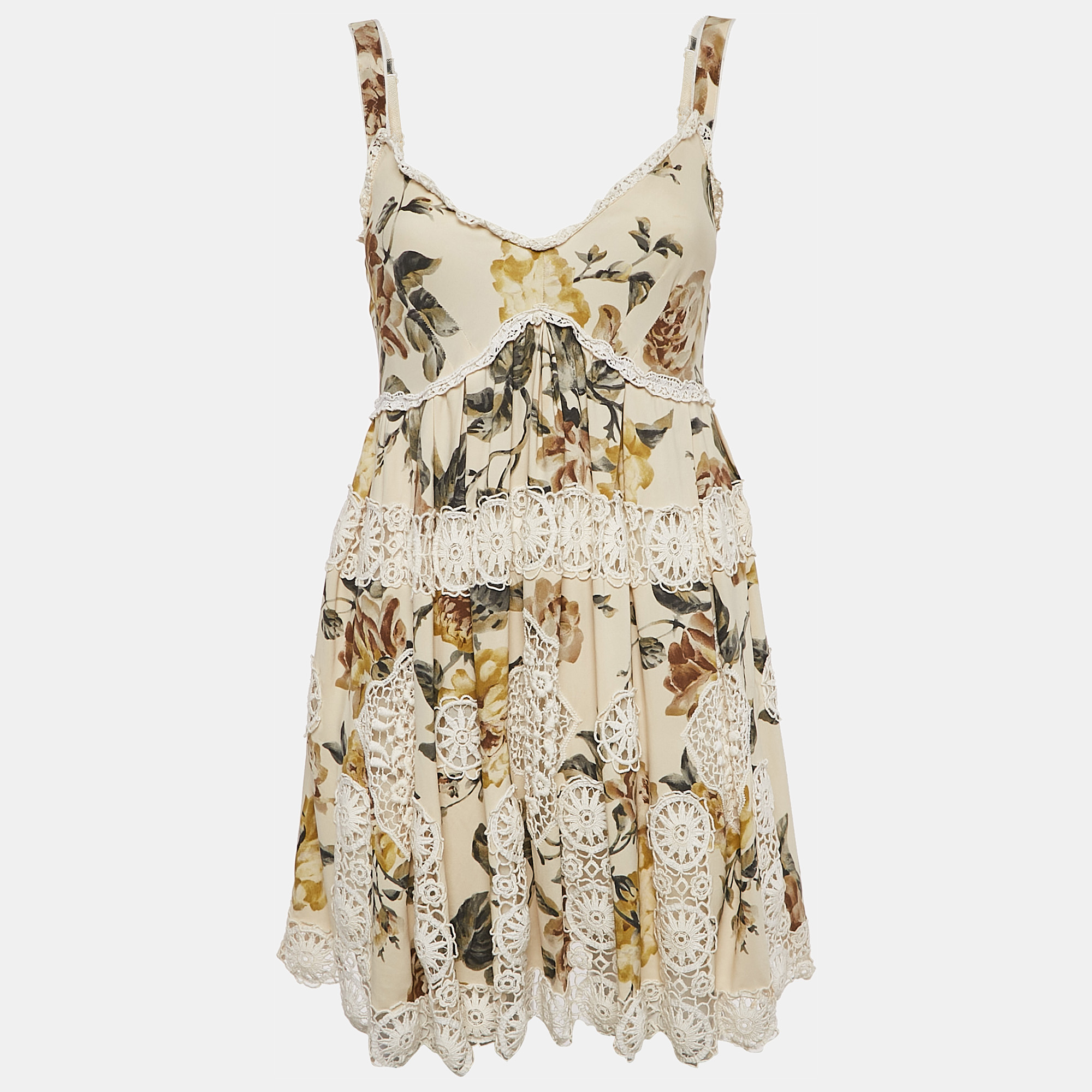 

Dolce & Gabbana Beige Floral Print Lace Trim Cotton Blend Mini Dress S