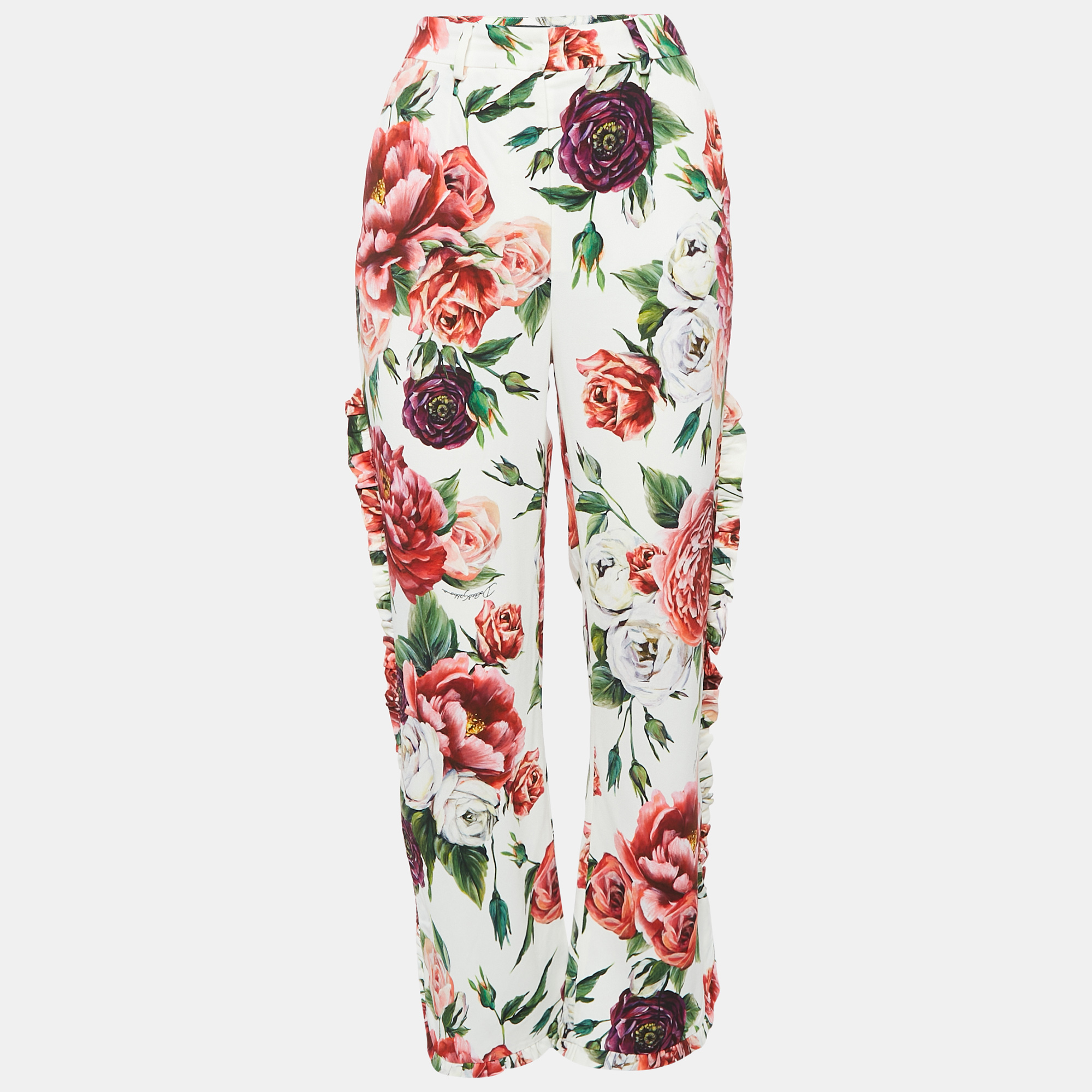 

Dolce & Gabbana White Floral Print Crepe Ruffled Trousers M