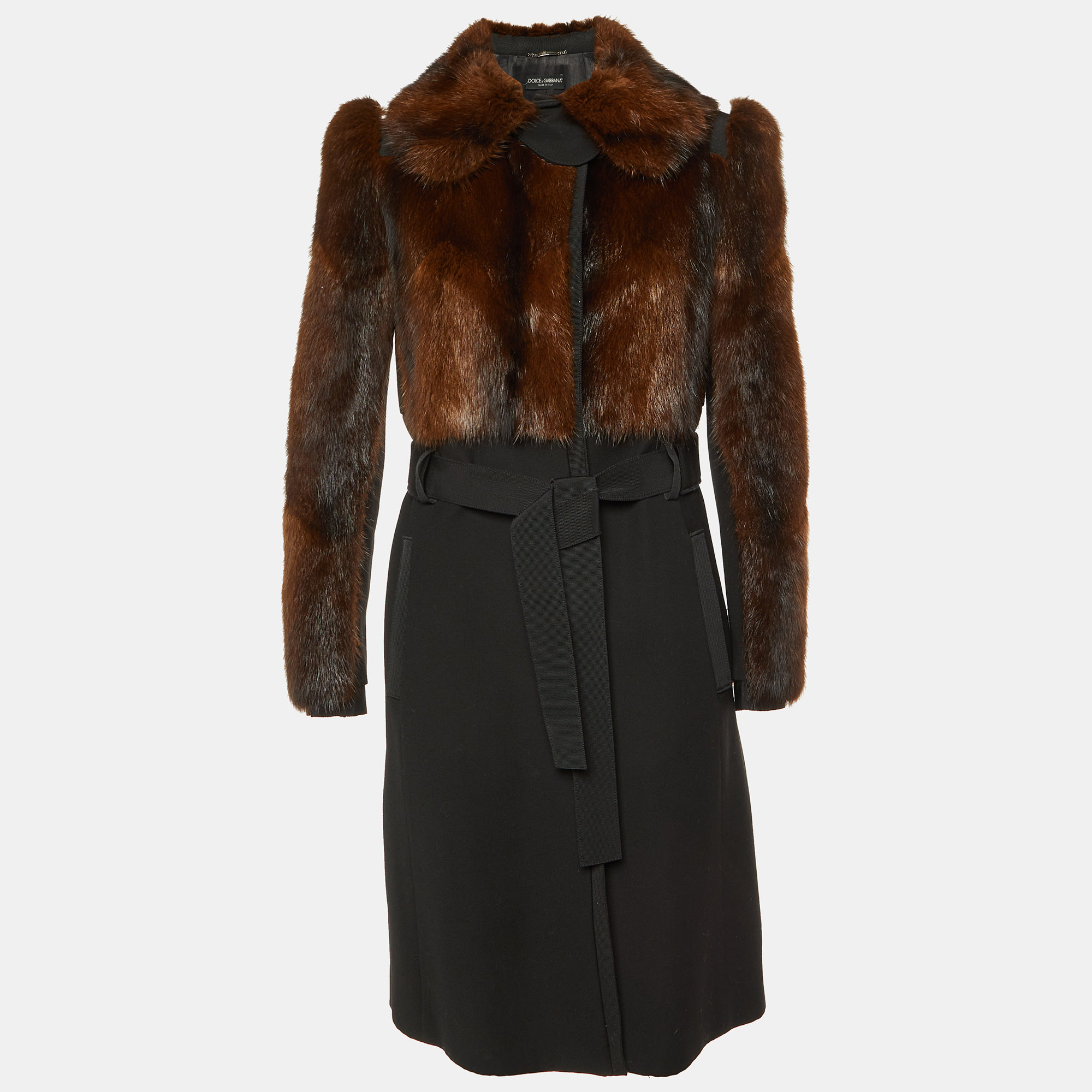 

Dolce & Gabbana Black/Brown Fur & Wool Long Coat S