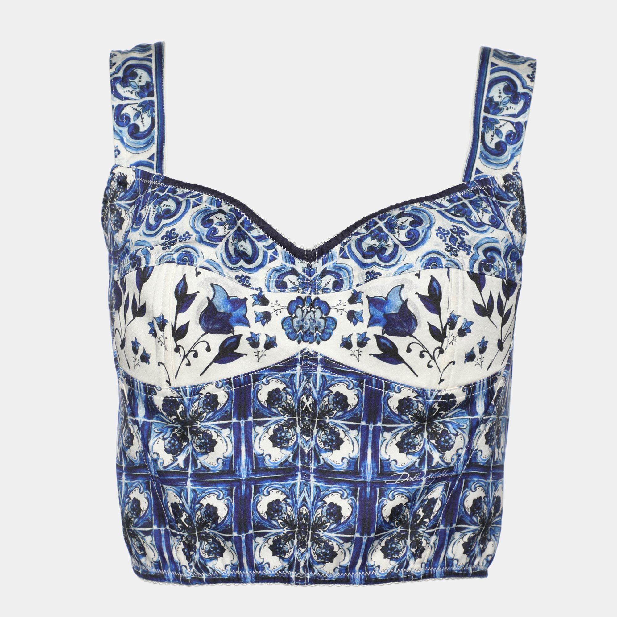 

Dolce & Gabbana Blue Majolica Print Silk Crop Top XS