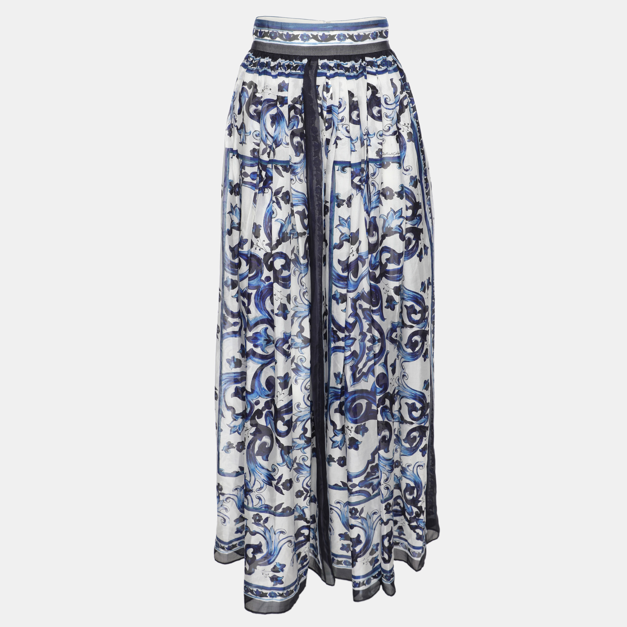 

Dolce & Gabbana White/Blue Majolica Print Cotton Poplin Midi Skirt XS