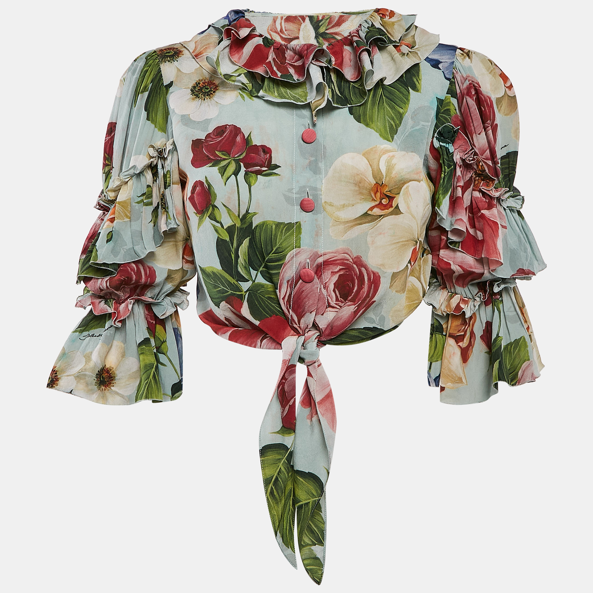 

Dolce & Gabbana Multicolor Floral Print Ruffled Tie-Up Detail Crop Shirt S