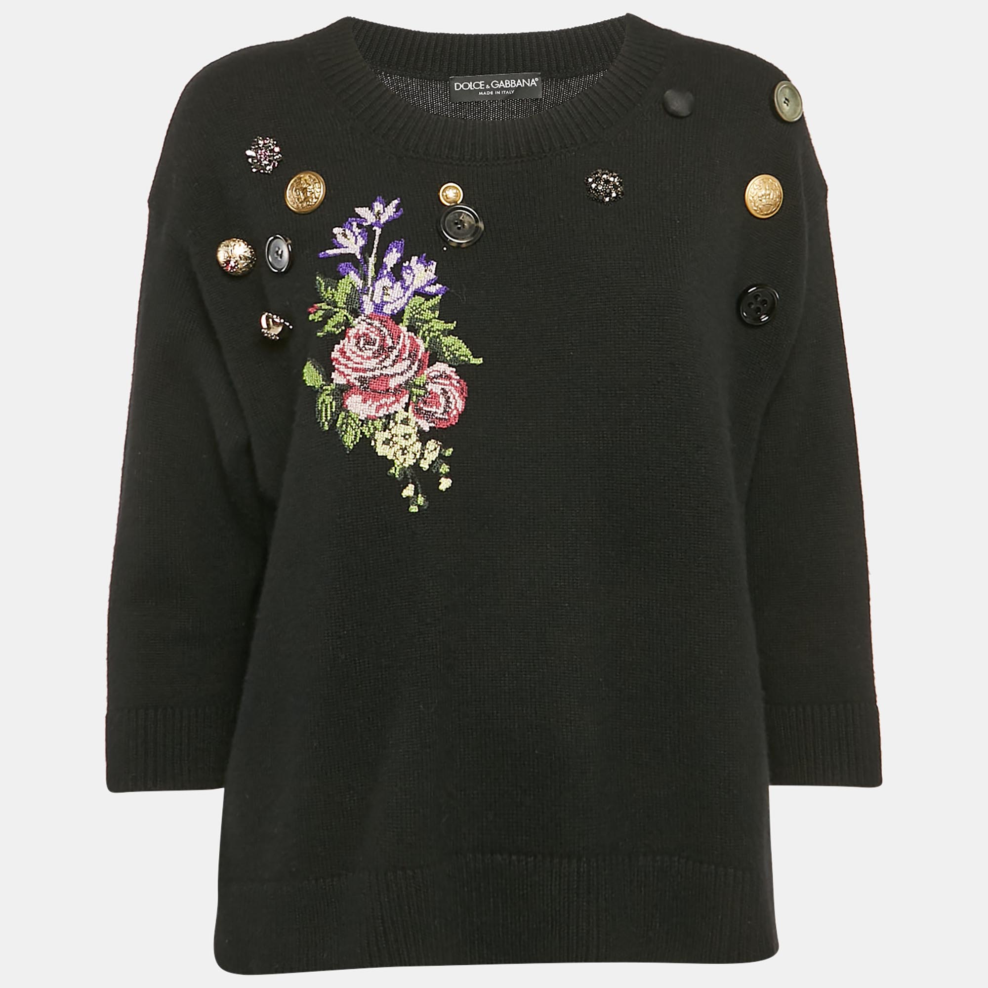 

Dolce & Gabbana Black Floral Embroidered Cashmere Button Detail Sweater M