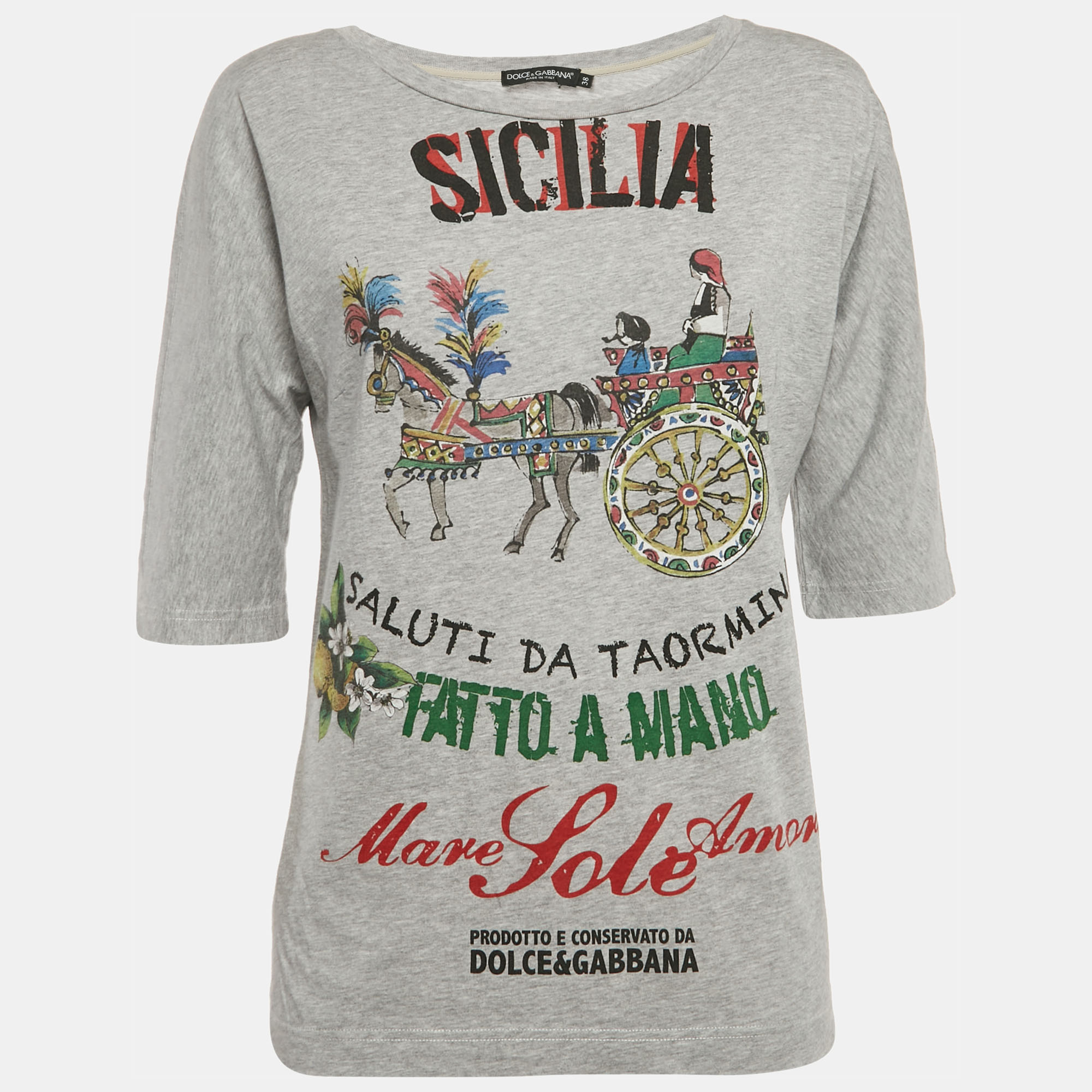 

Dolce & Gabbana Grey Sicilia Print Jersey Crew Neck T-Shirt S