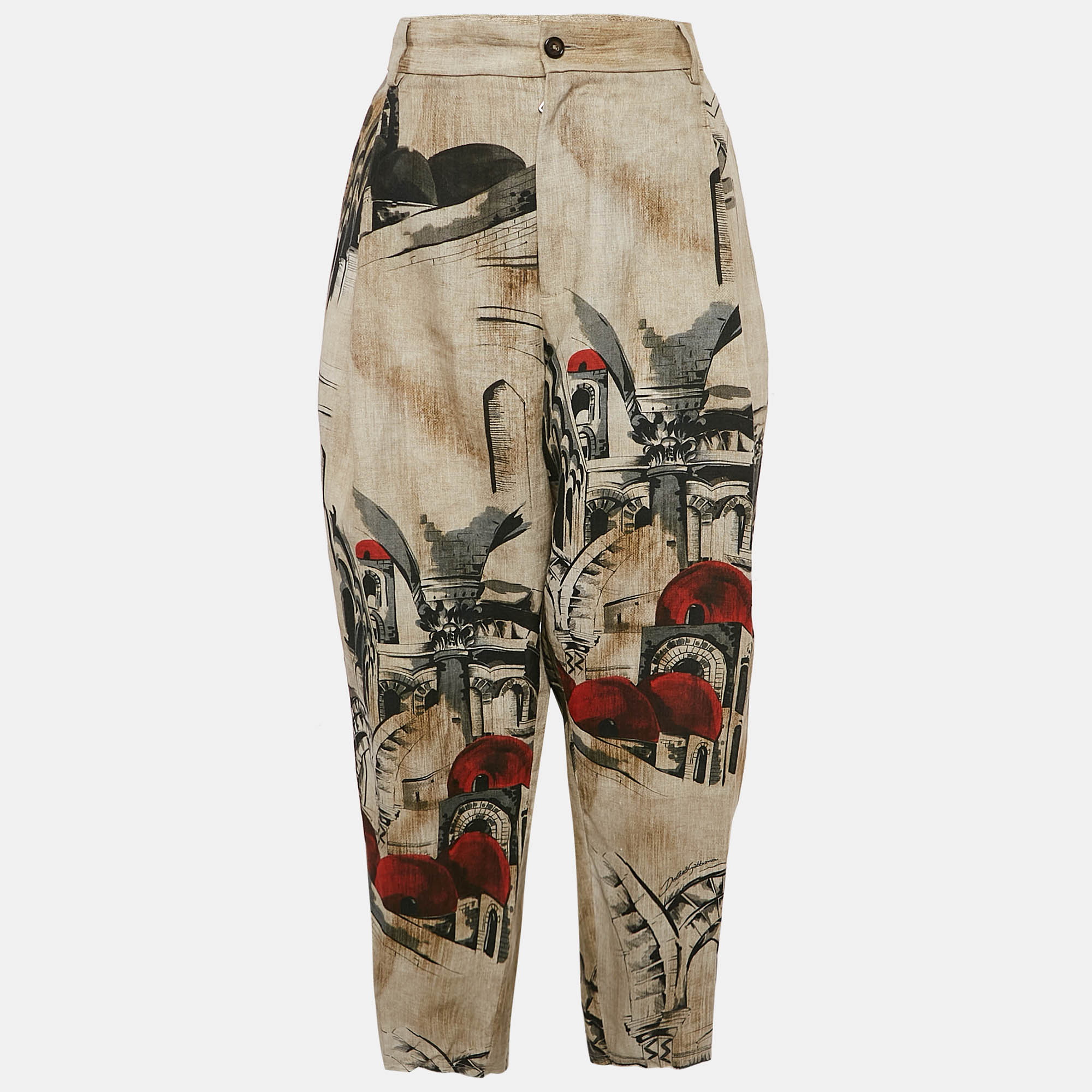 

Dolce & Gabbana Beige Printed Linen Pleated Trousers XL