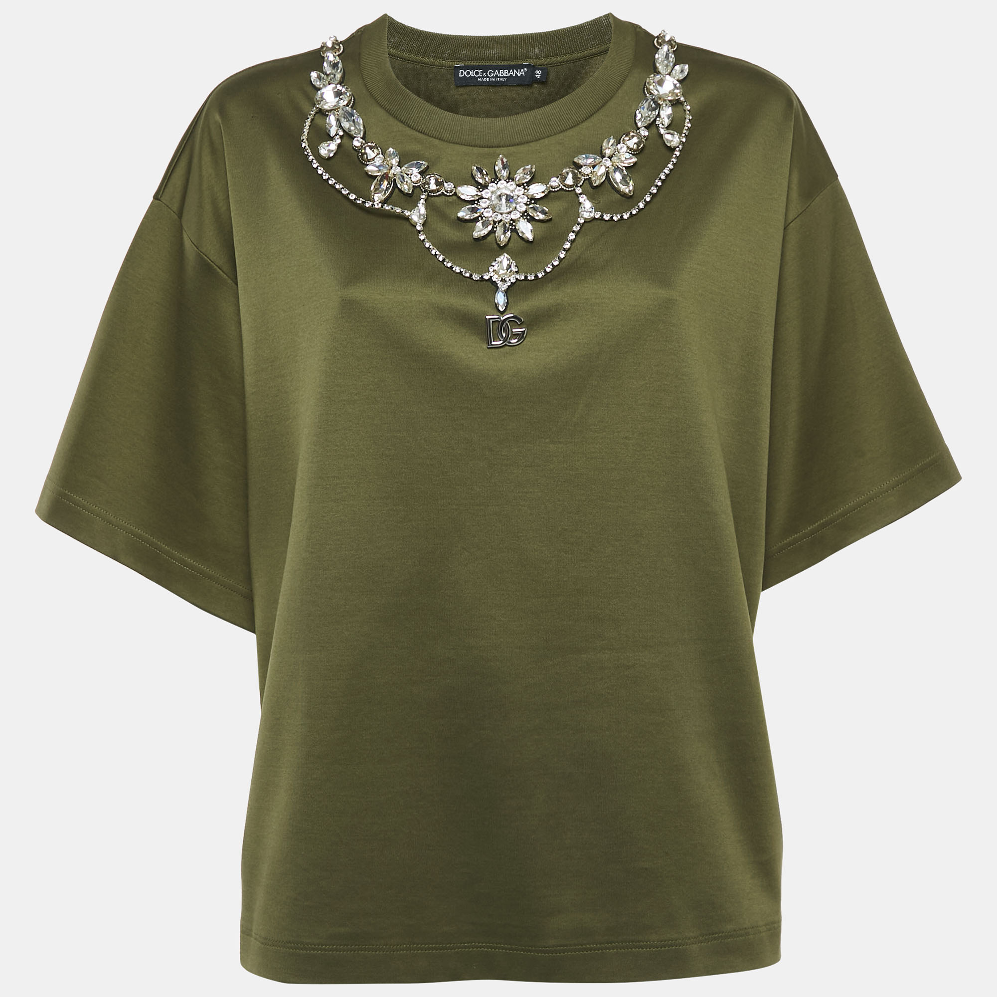 

Dolce & Gabbana Olive Green Cotton Stud Embellishment Detail Crew Neck T-Shirt L