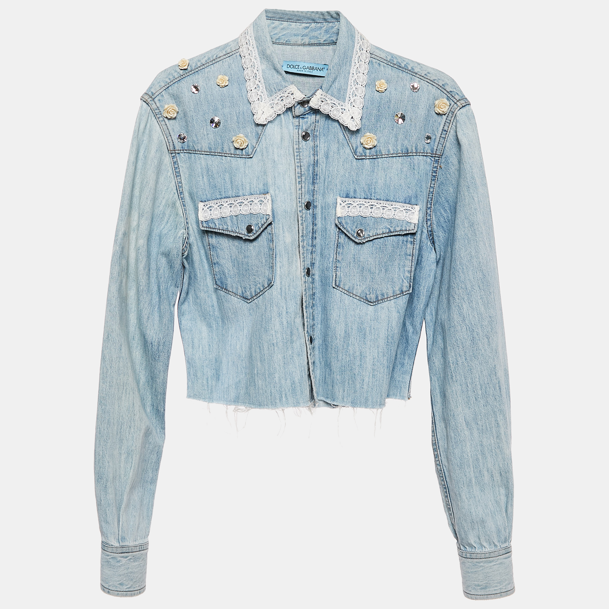 

Dolce & Gabbana Blue Denim Stud and Trim Detail Cropped Jacket S