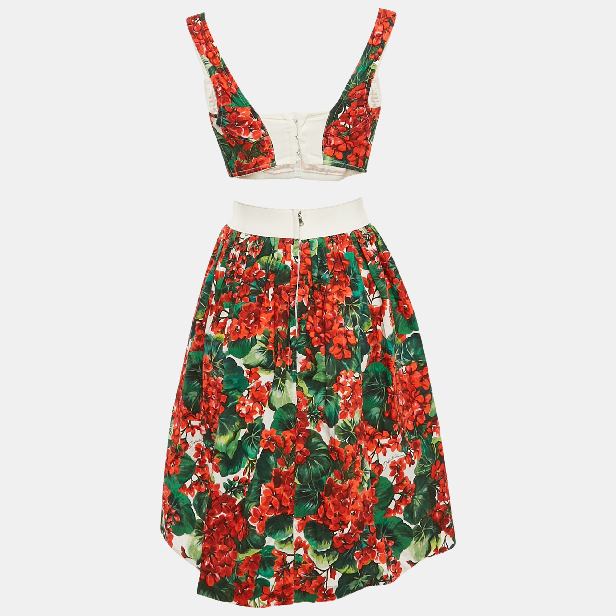Dolce & Gabbana Multicolor Floral Print Crepe and Cotton Bustier Top and Midi Skirt Set M 