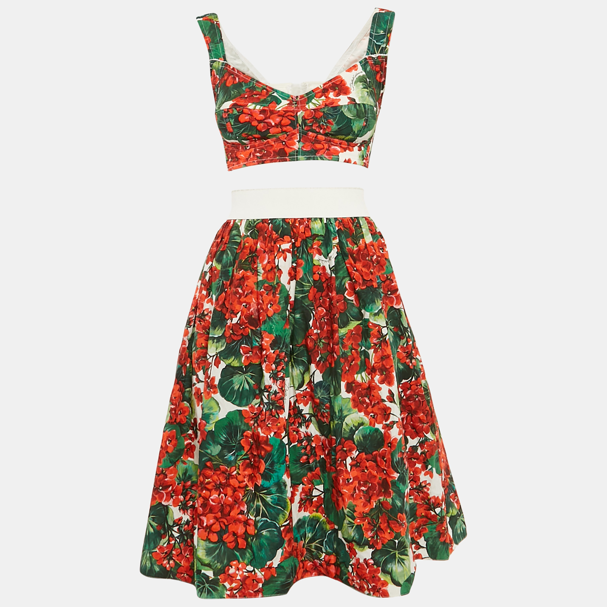 

Dolce & Gabbana Multicolor Floral Print Crepe and Cotton Bustier Top and Midi Skirt Set M