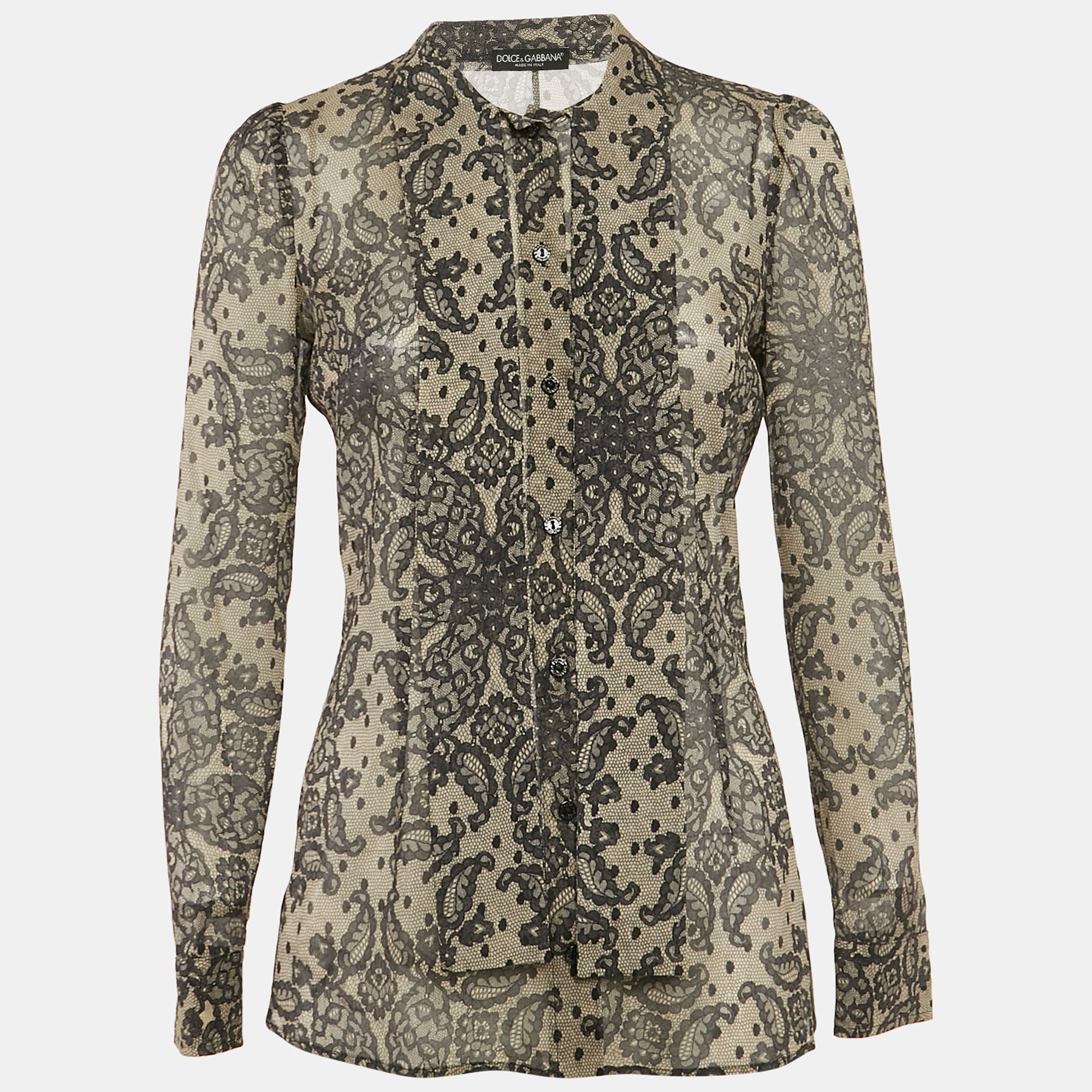 Pre-owned Dolce & Gabbana Cream Lace Print Silk Shirt S