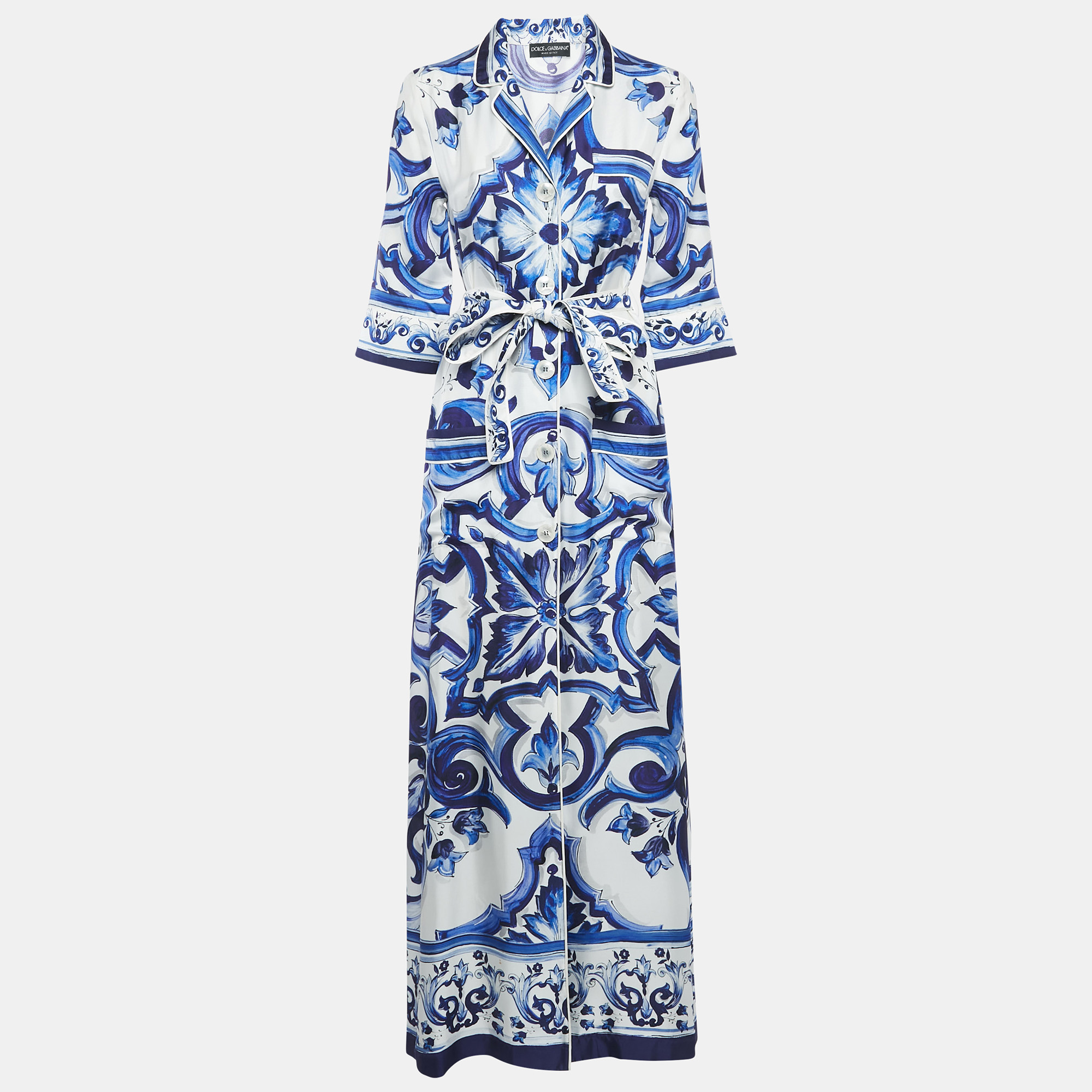 

Dolce & Gabbana White/Blue Majolica Print Silk Shirt Dress XS