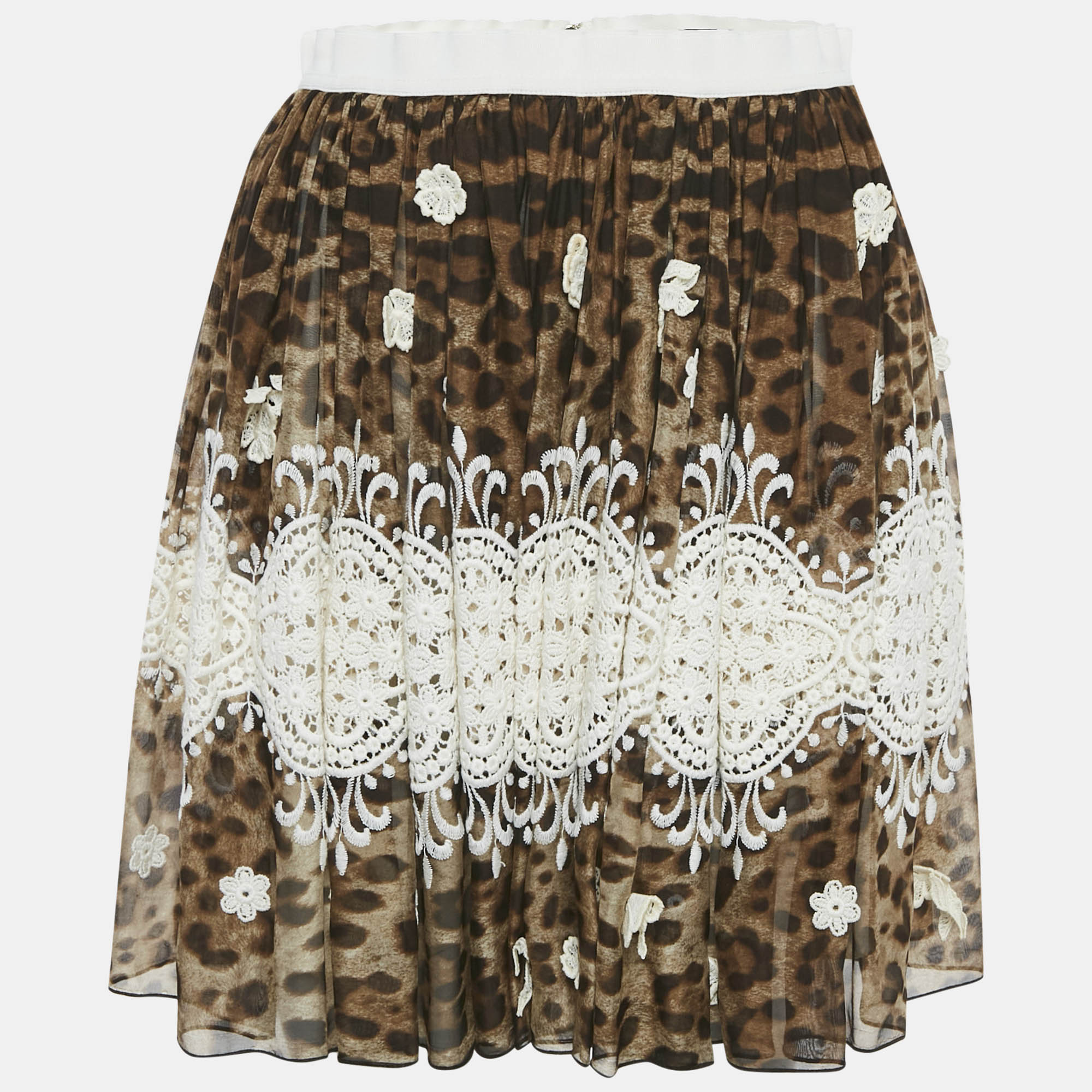 

Dolce & Gabbana Brown Leopard Print Lace Trim Silk Mini Skirt S