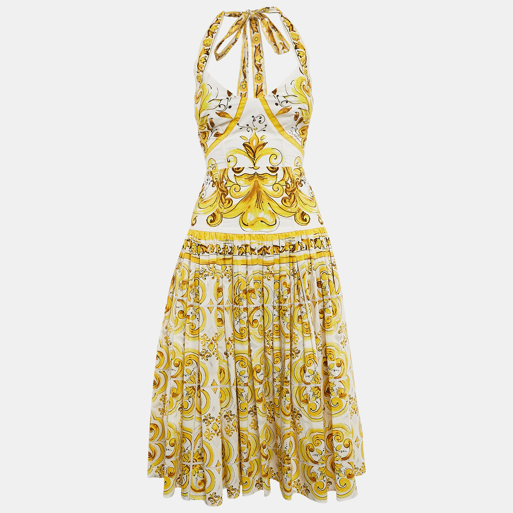 

Dolce & Gabbana Yellow/White Majolica Print Poplin Halter Neck Midi Dress XS