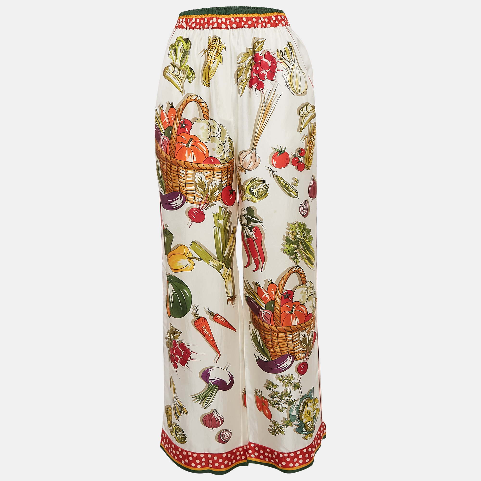 

Dolce & Gabbana White Vegetable Print Satin Wide-Leg Pants S