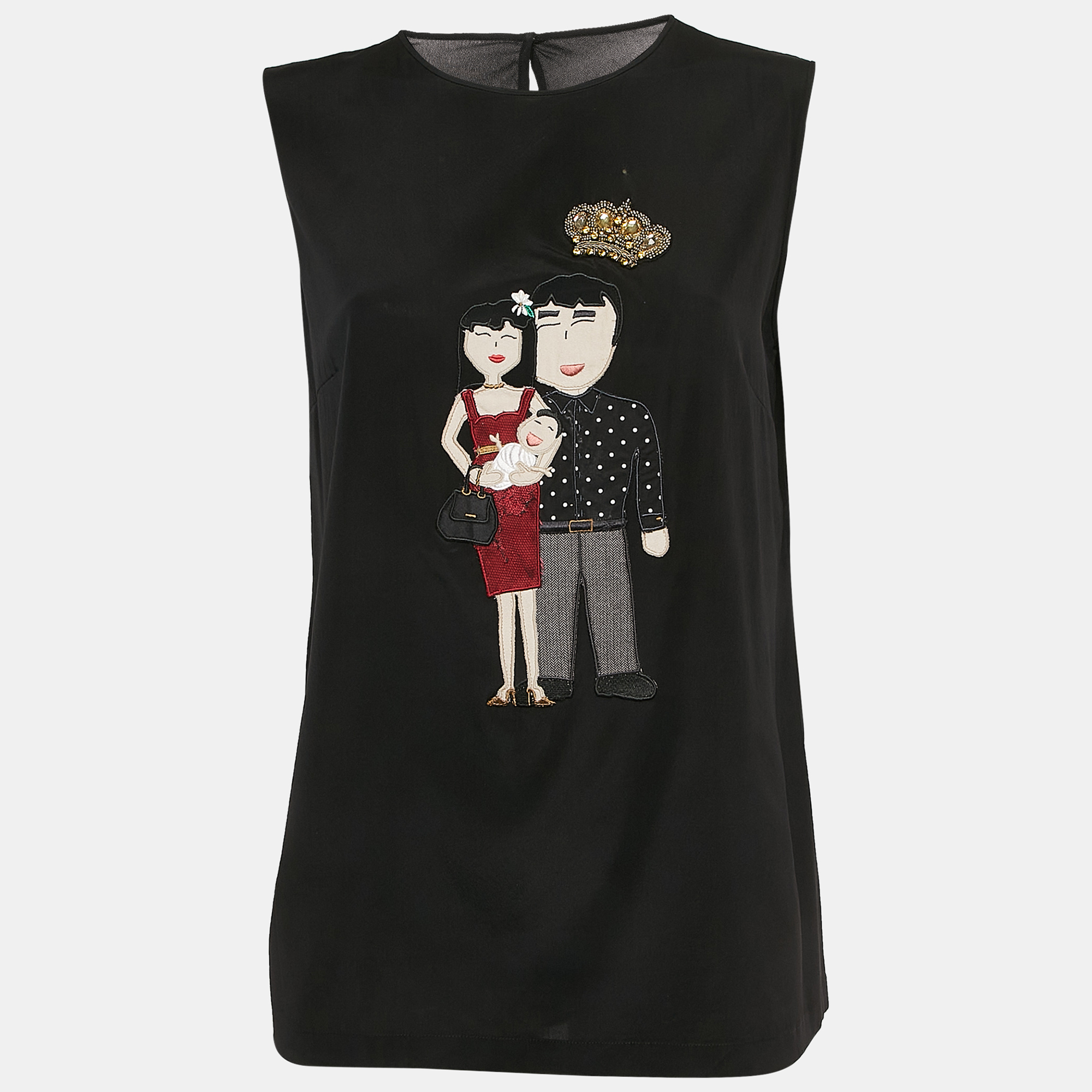 

Dolce & Gabbana Black DG Family Applique Silk Sleeveless Top M