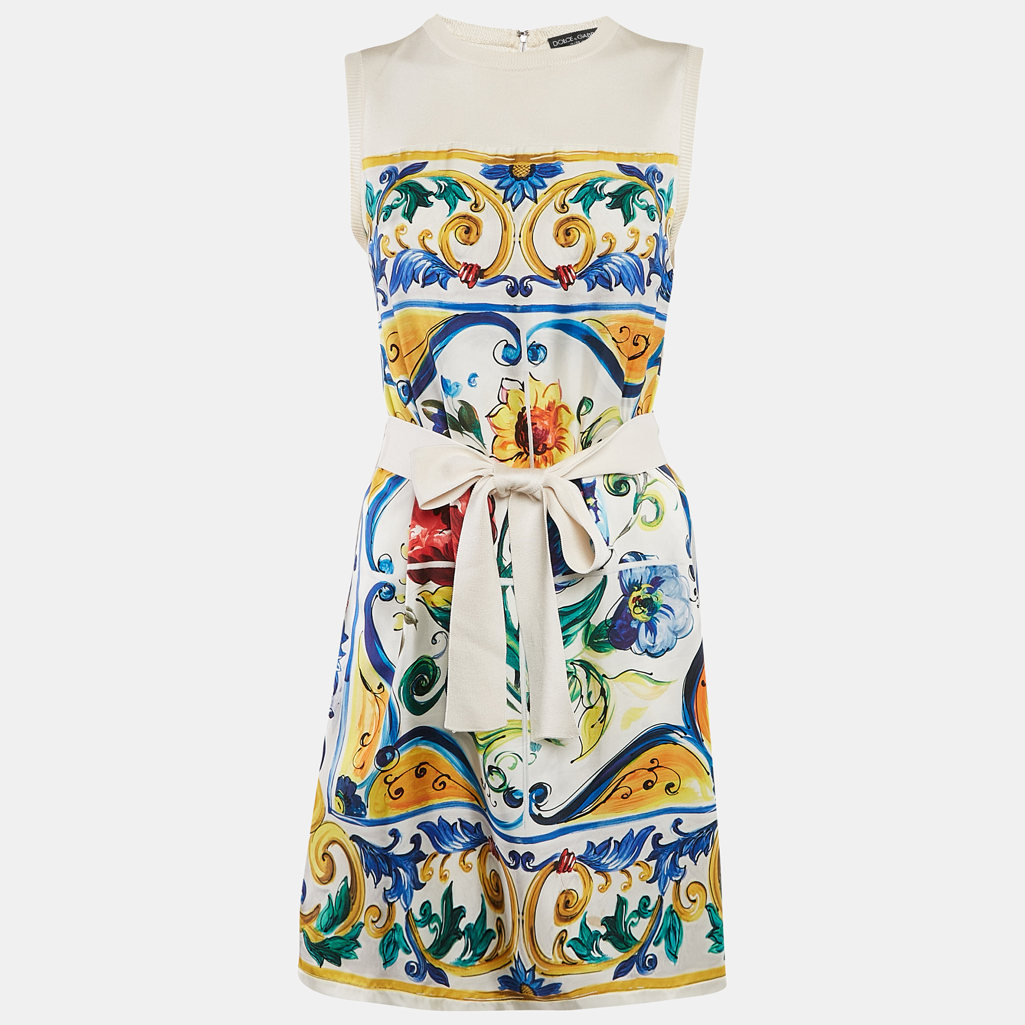 

Dolce & Gabbana Cream Printed Silk Sleeveless Mini Dress S, Beige