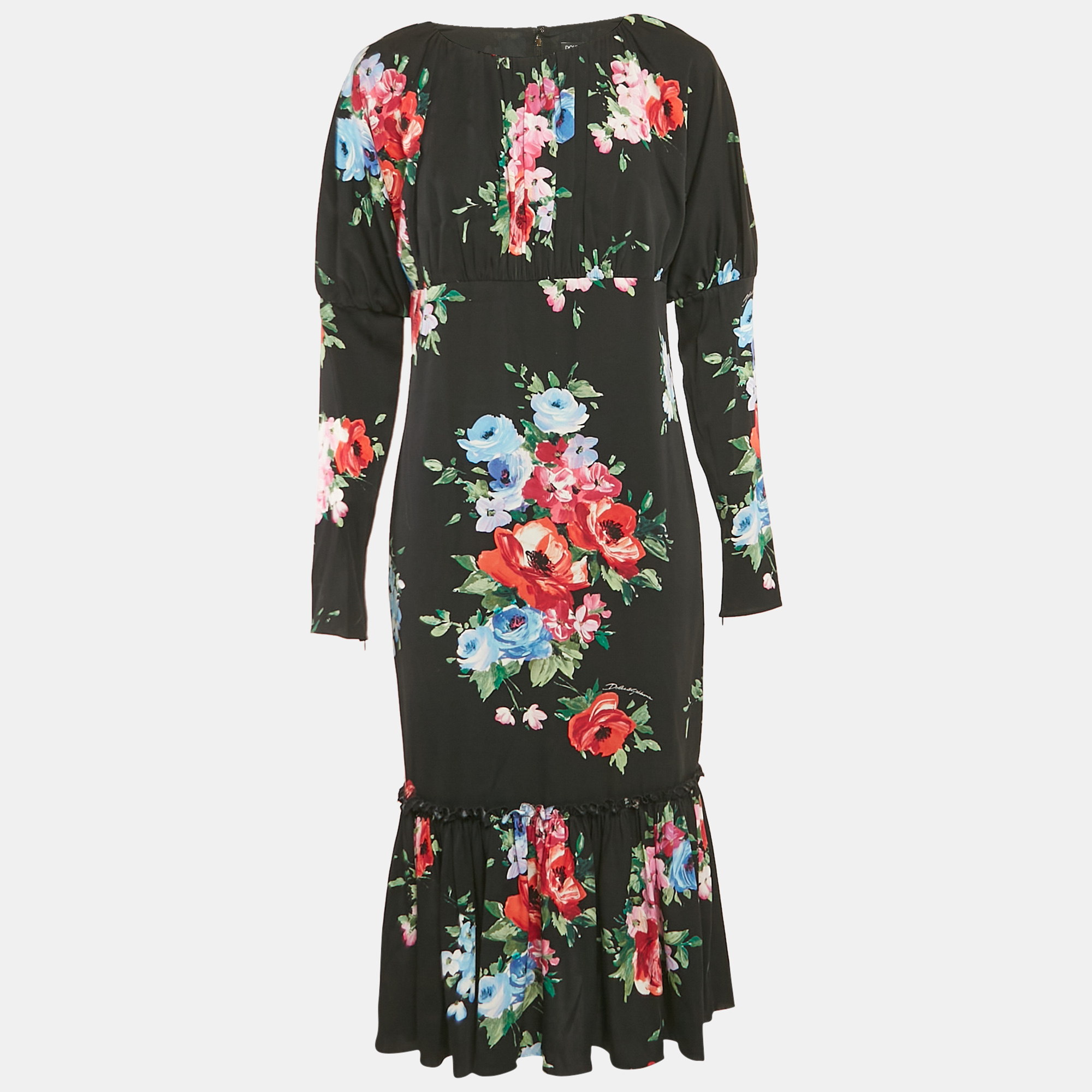 

Dolce & Gabbana Black Floral Print Silk Flounce Midi Dress M