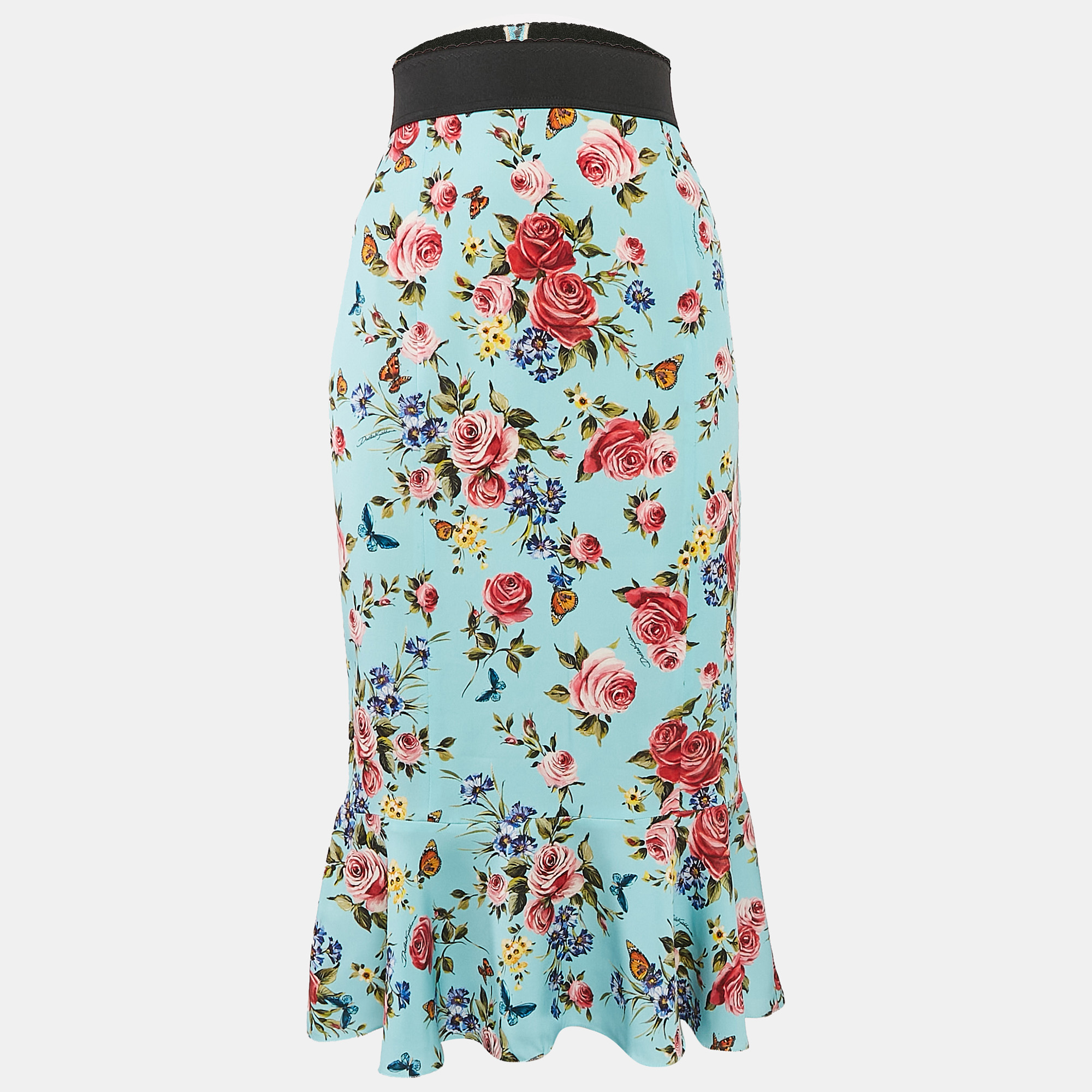 

Dolce & Gabbana Blue Floral Print Silk Flounce Midi Skirt L