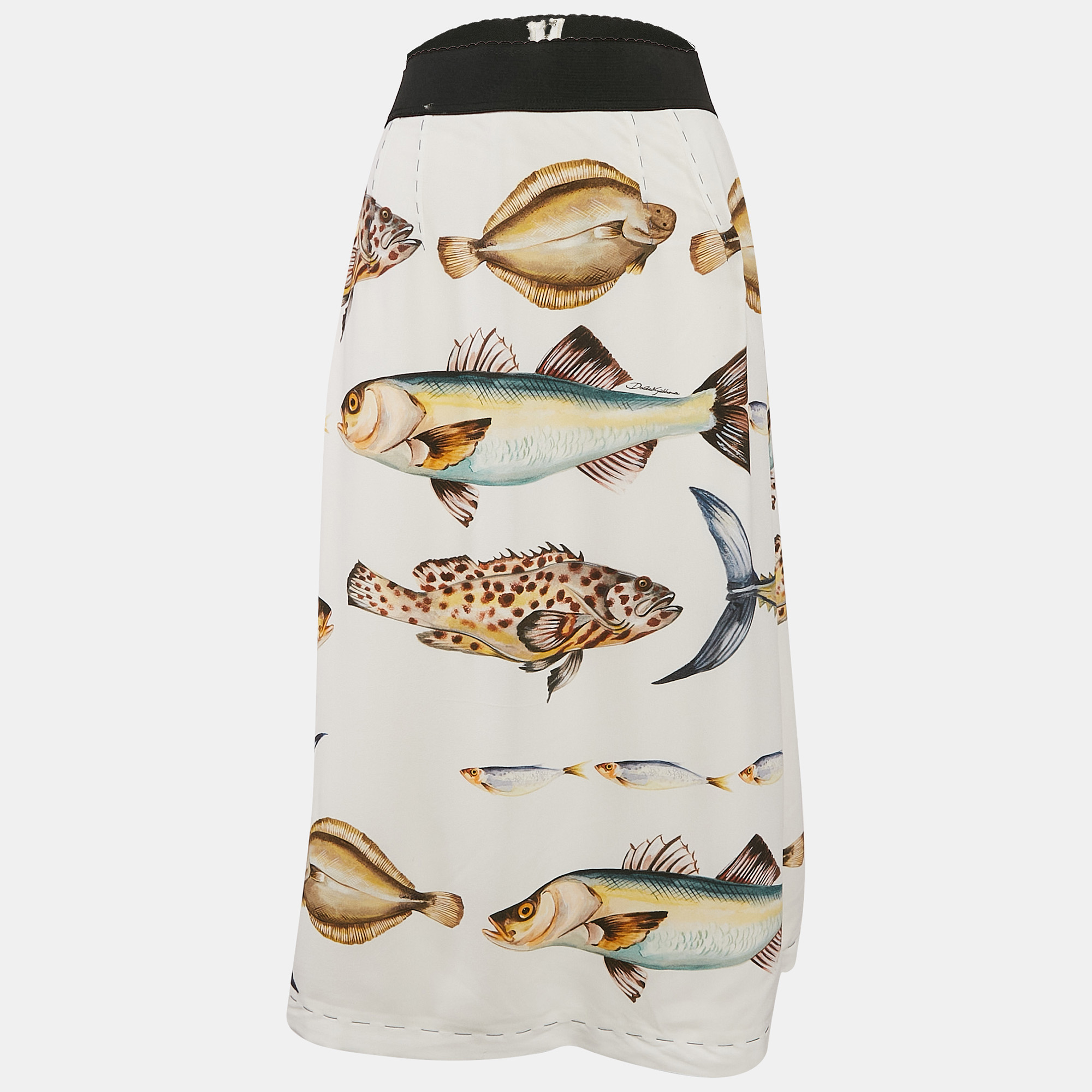 

Dolce & Gabbana Off White Fish Print Crepe Midi Skirt S