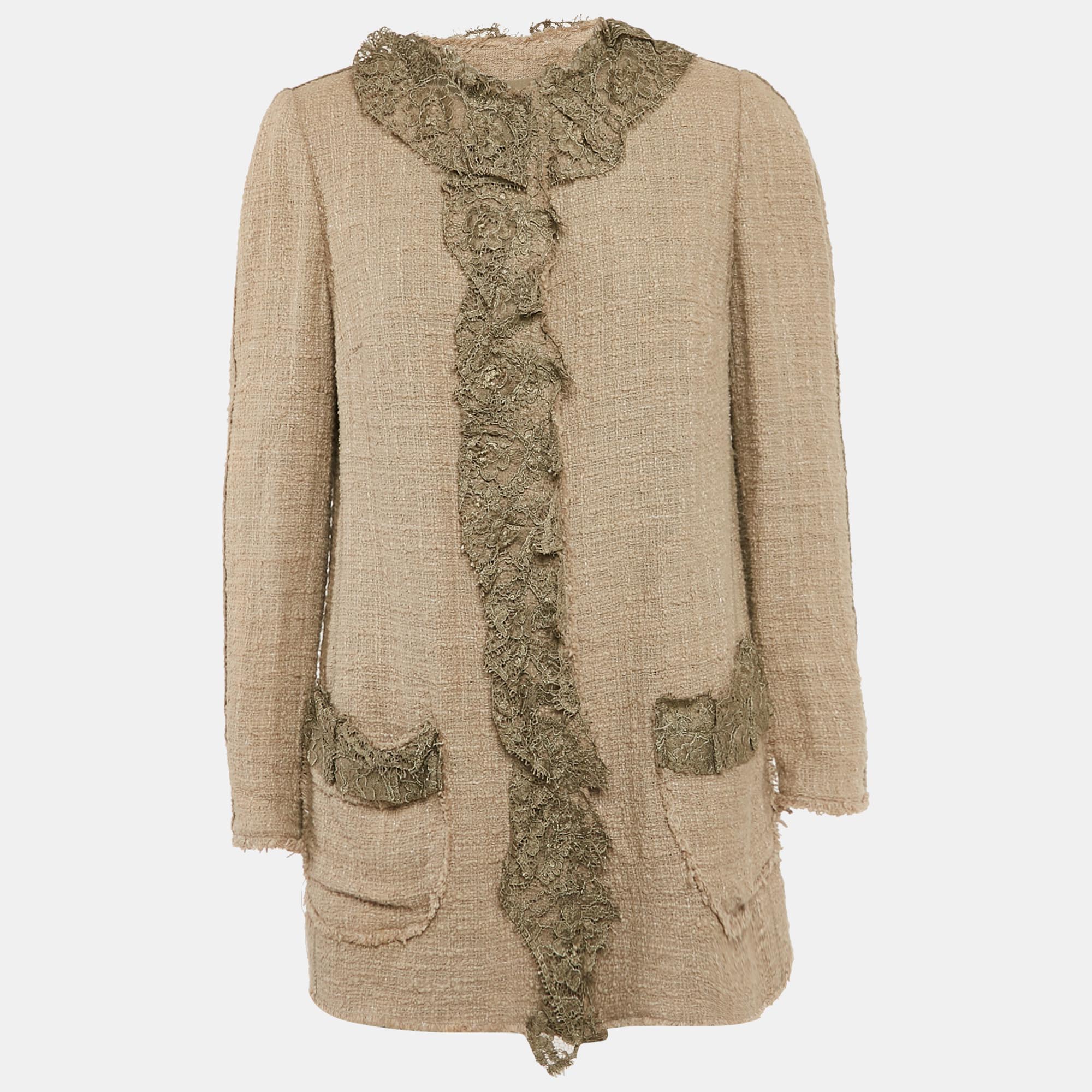 

Dolce & Gabbana Taupe Lace Tweed Button Front Jacket M, Brown