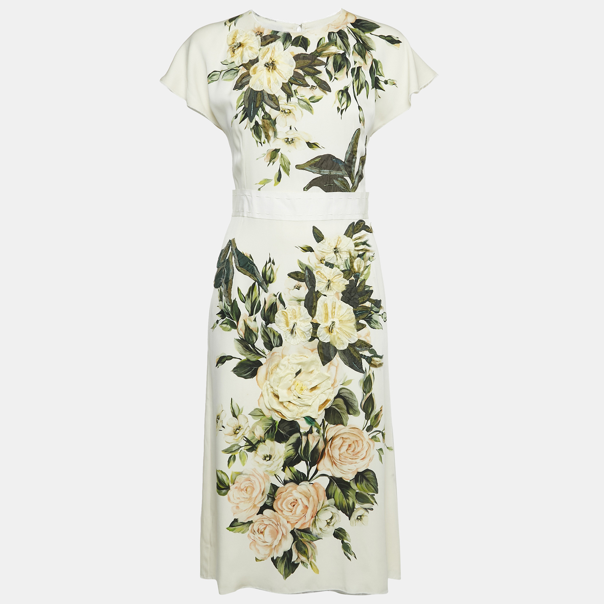

Dolce & Gabbana Cream Floral Print Silk Applique Detail Short Dress S