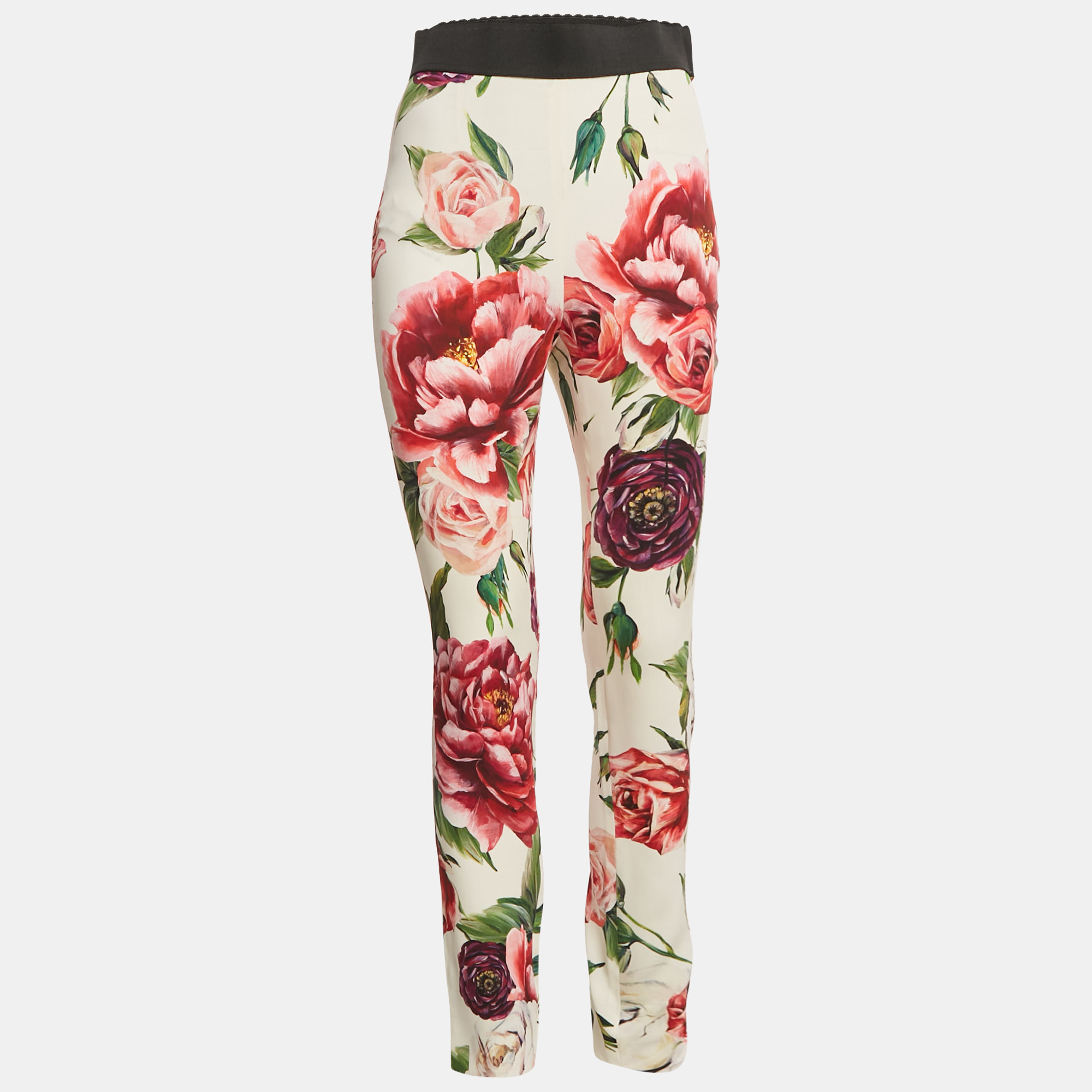

Dolce & Gabbana White Floral Print Silk Trousers M