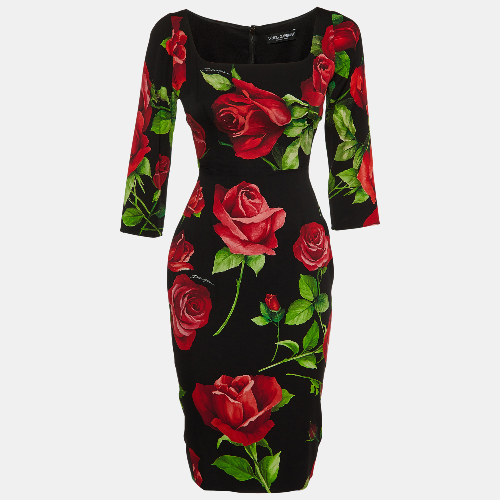 

Dolce & Gabbana Black Rose Print Silk Sheath Dress M