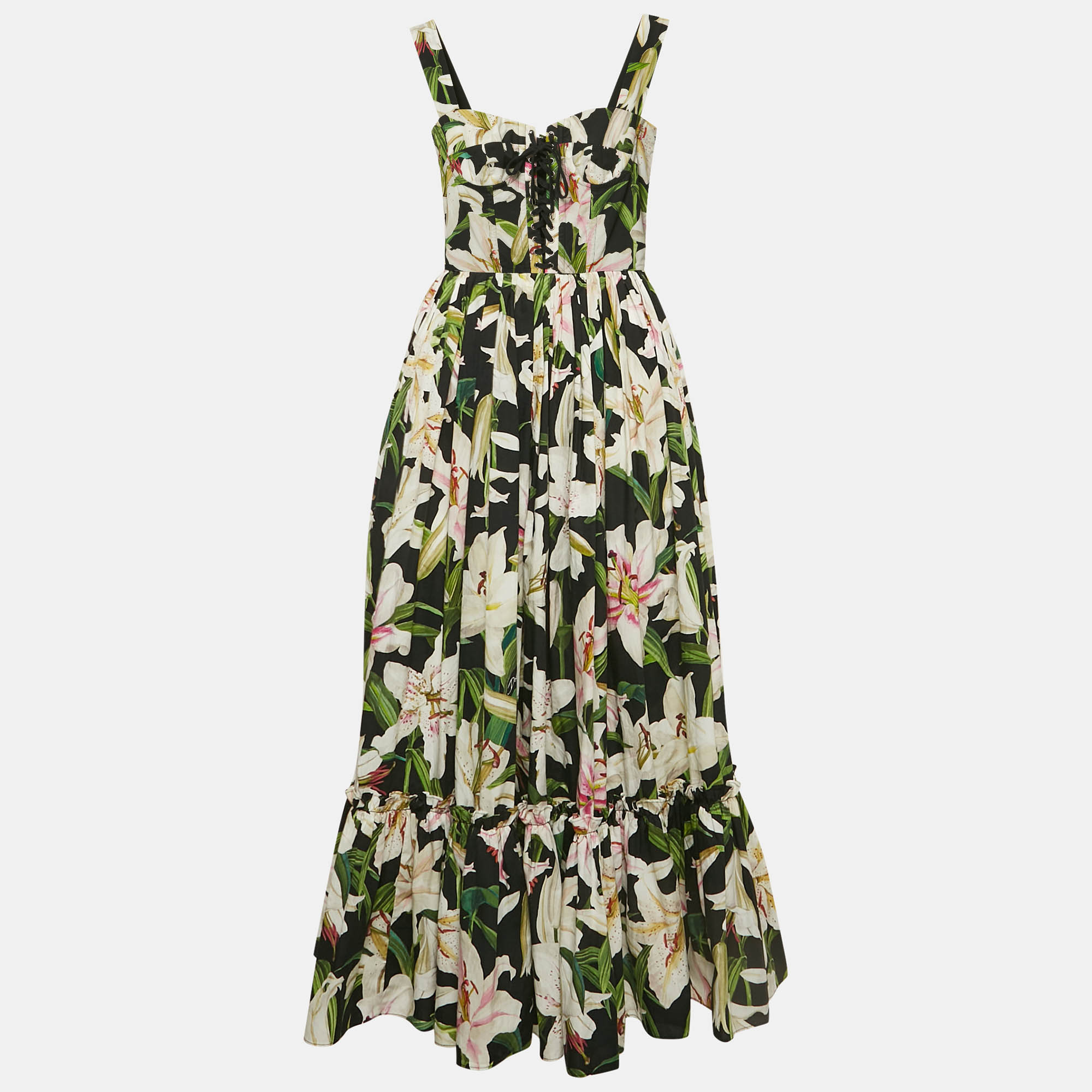 

Dolce & Gabbana Black Floral Print Poplin Lace-Up Corset Midi Dress XS