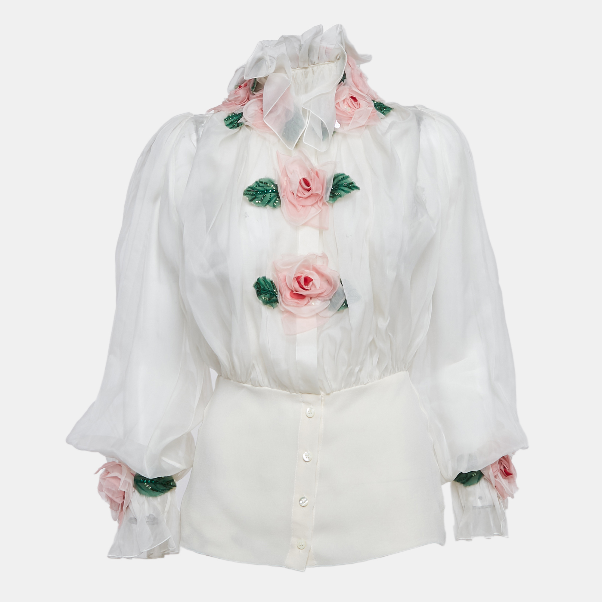 

Dolce & Gabbana White Floral Applique Organza Silk Sheer Blouse XS