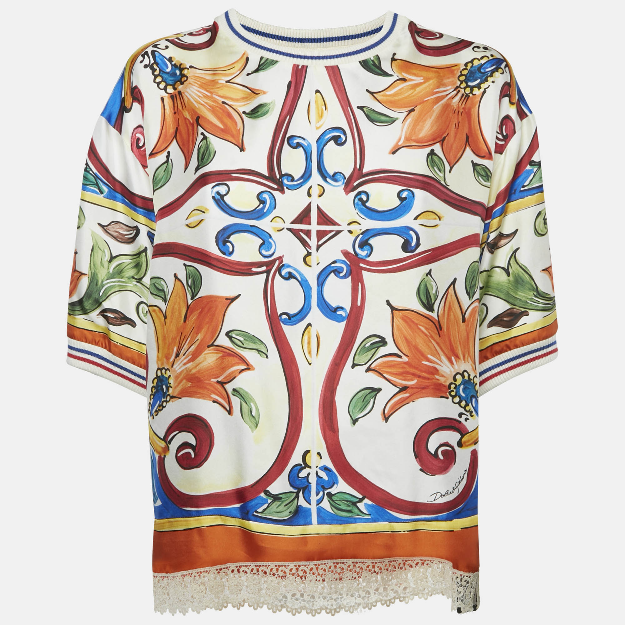 

Dolce & Gabbana Multicolor Majolica Print Silk Lace Trim Top L