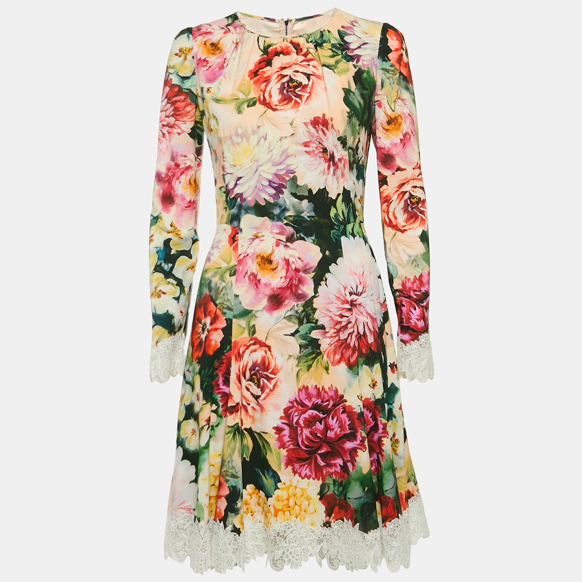 

Dolce & Gabbana Pink Floral Print Crepe Lace Trim Short Dress M