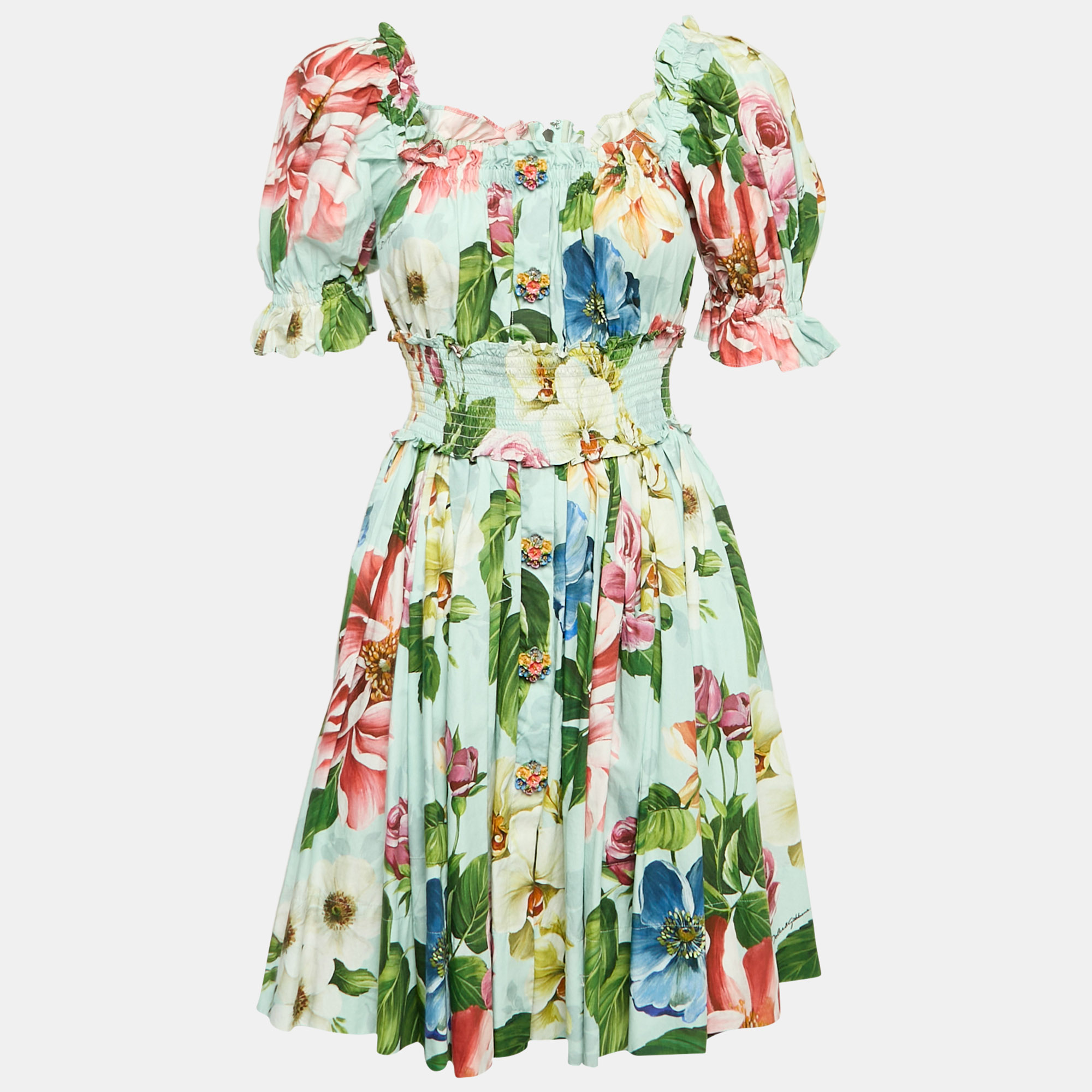 Pre-owned Dolce & Gabbana Blue Floral Print Poplin Shirring Tiered Mini Dress M