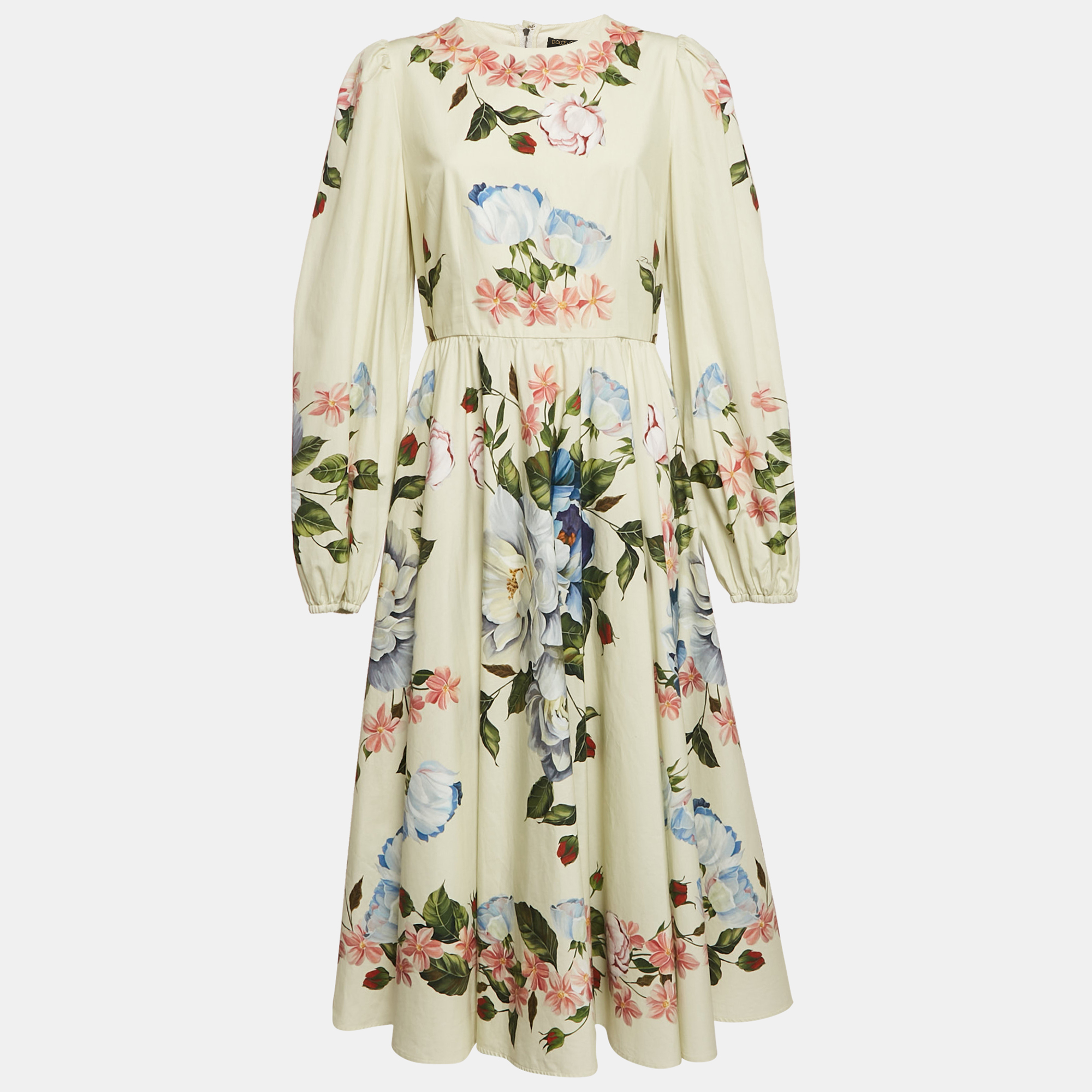 

Dolce & Gabbana Light Green Floral Print Cotton Midi Dress L