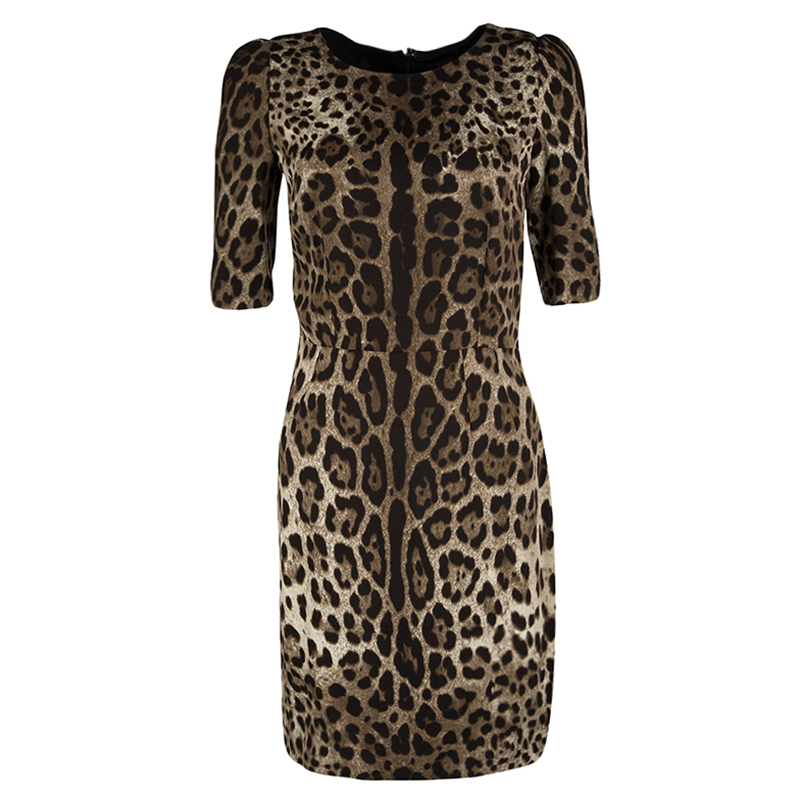 Pre Owned Dolce and Gabbana Brown Leopard Print Short Sleeve Sheath Dress S