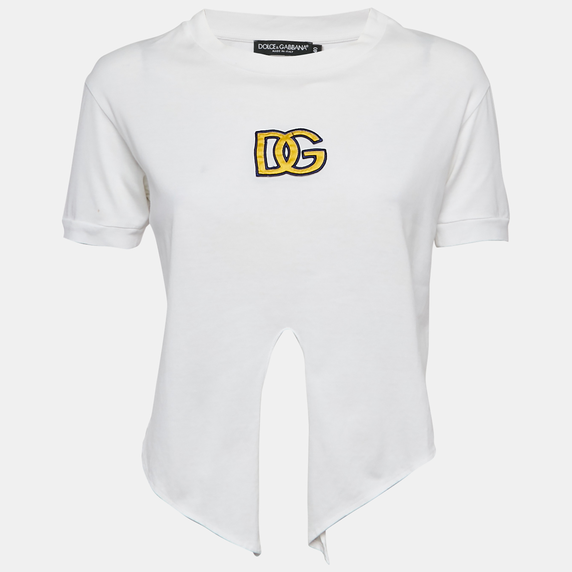 Pre-owned Dolce & Gabbana White Logo Embroidered Jersey Crop T-shirt S