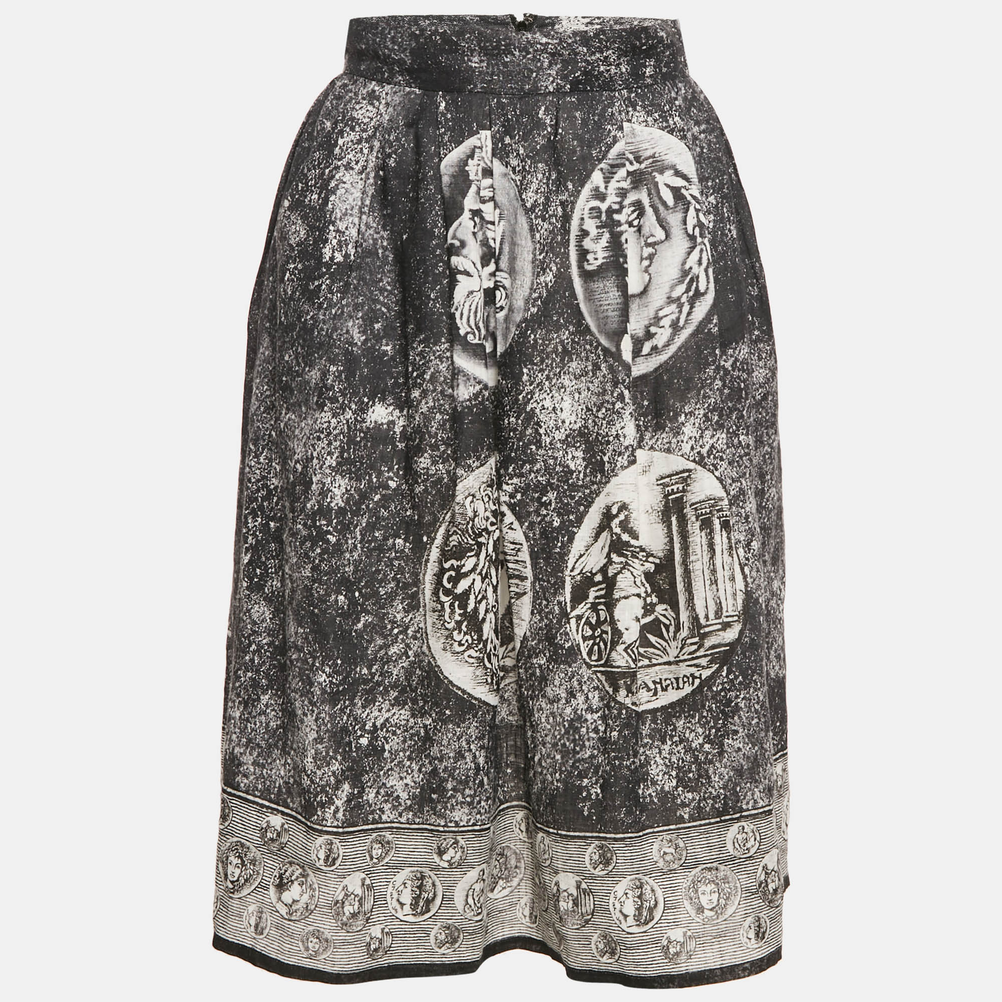

Dolce & Gabbana Black Printed Linen Pleated Midi Skirt S