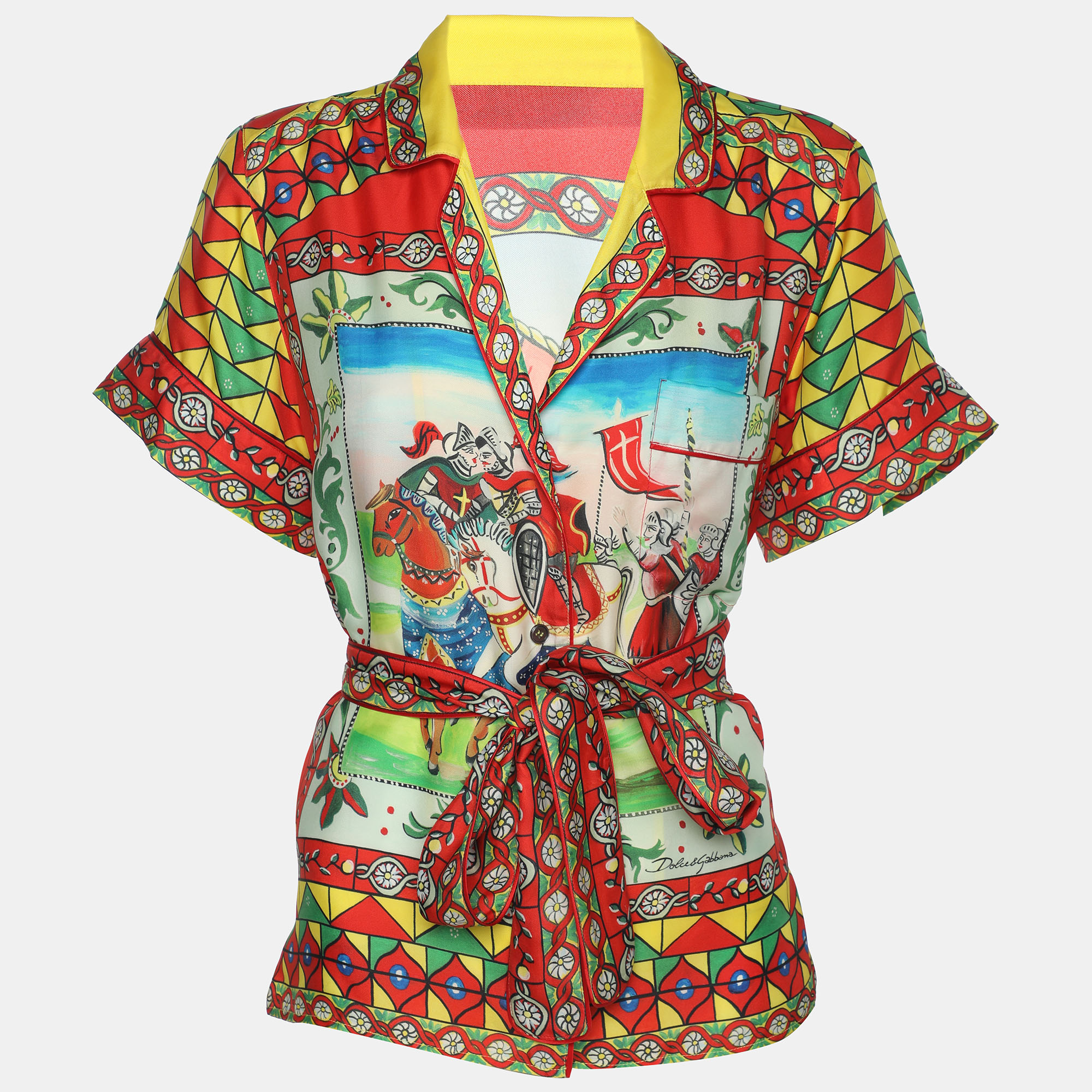 

Dolce & Gabbana Multicolor Carretto Printed Silk Belted Top S