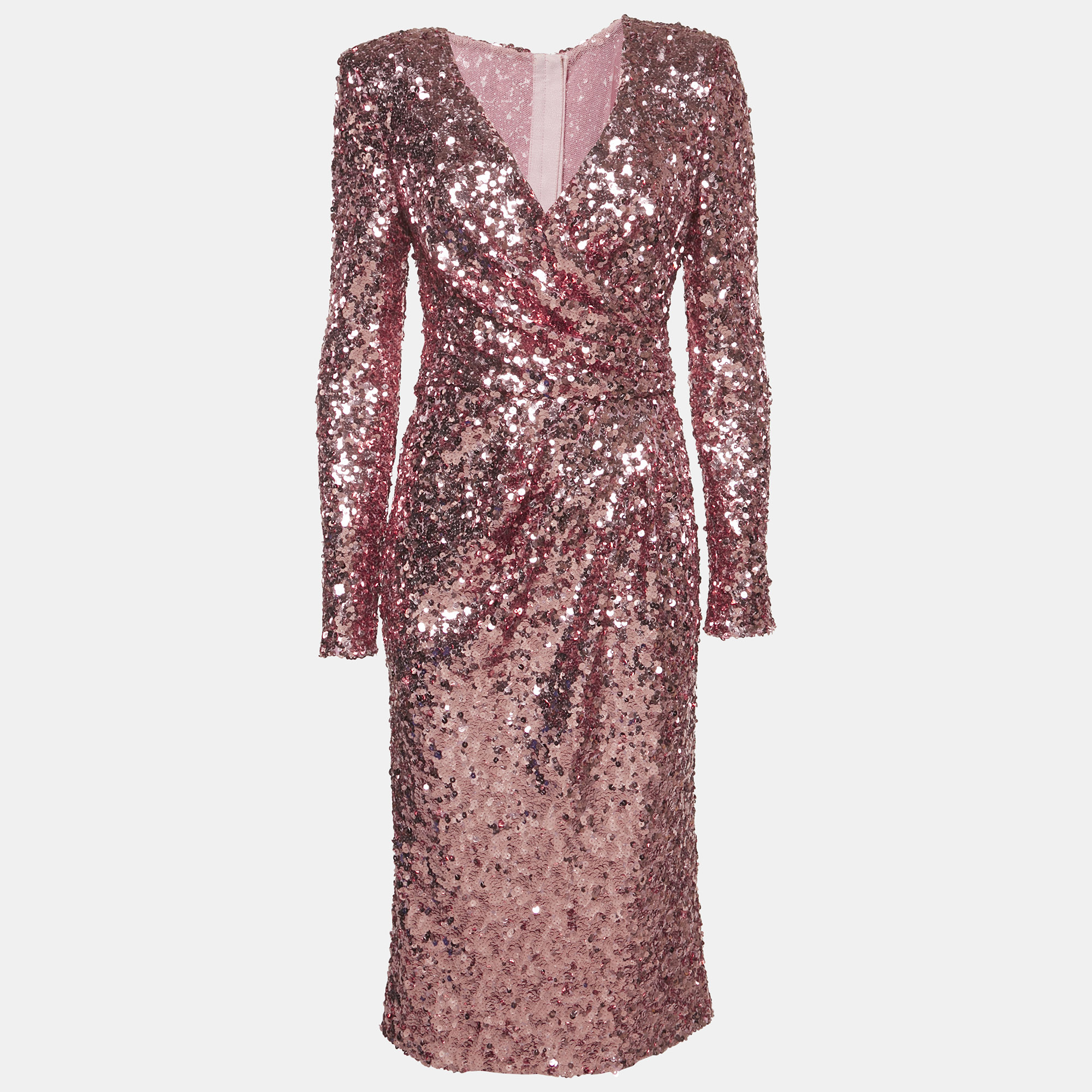 

Dolce & Gabbana Pink Metallic Sequin Mesh Draped Midi Dress M