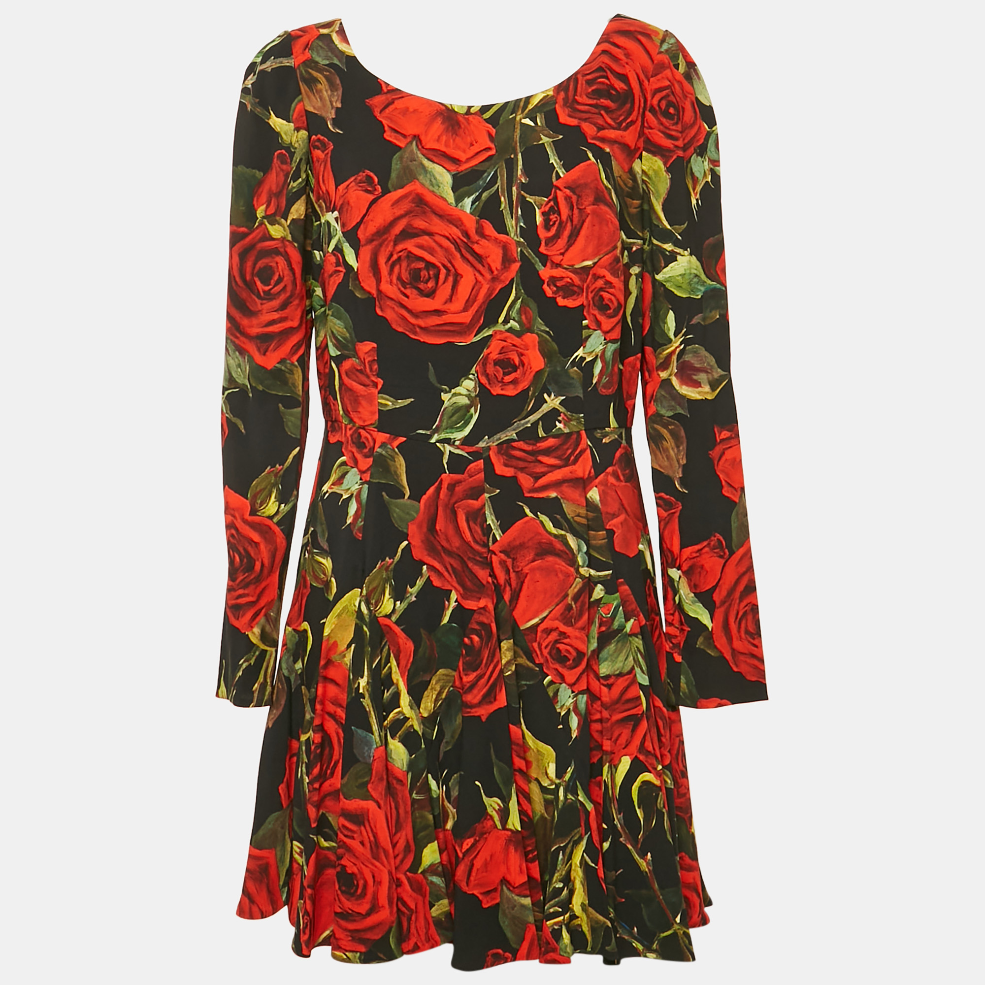 

Dolce & Gabbana Black Rose Print Crepe Flared Mini Dress L